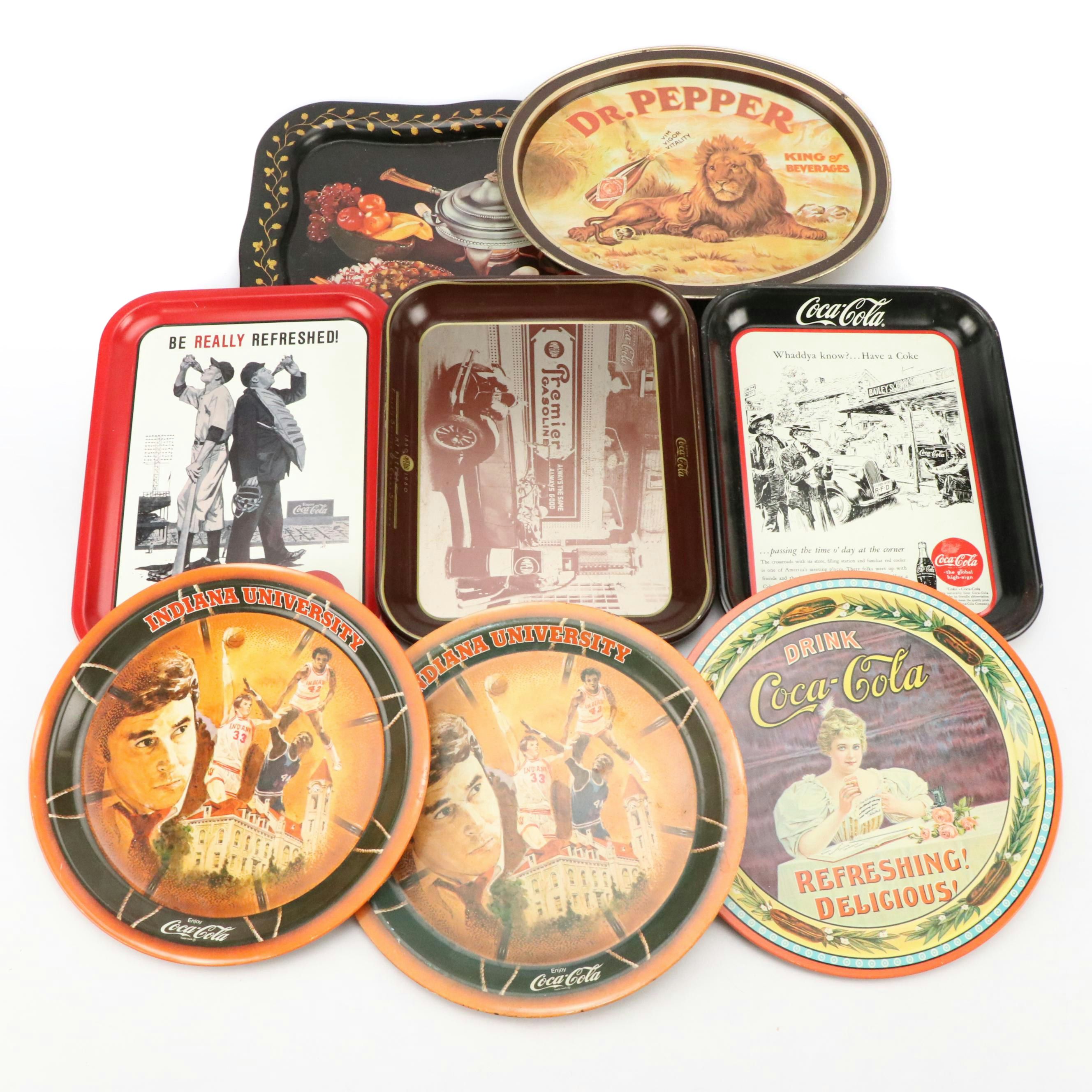 Coca-Cola, Dr. Pepper, Indiana University Tin Litho Bar Tip Trays, Vintage