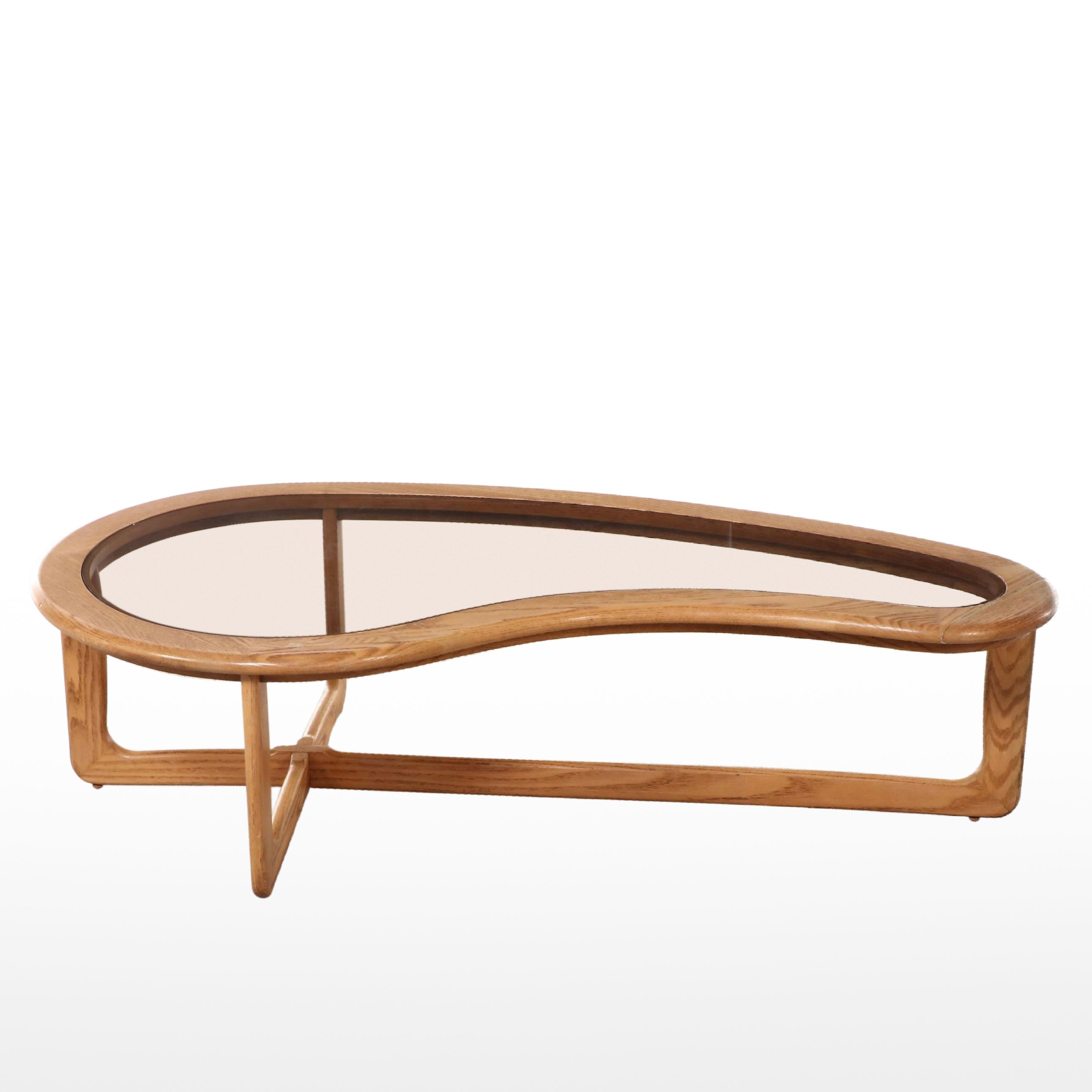 Lane "Silhouette" Oak and Smoked Glass Kidney-Form Coffee Table, circa 1970