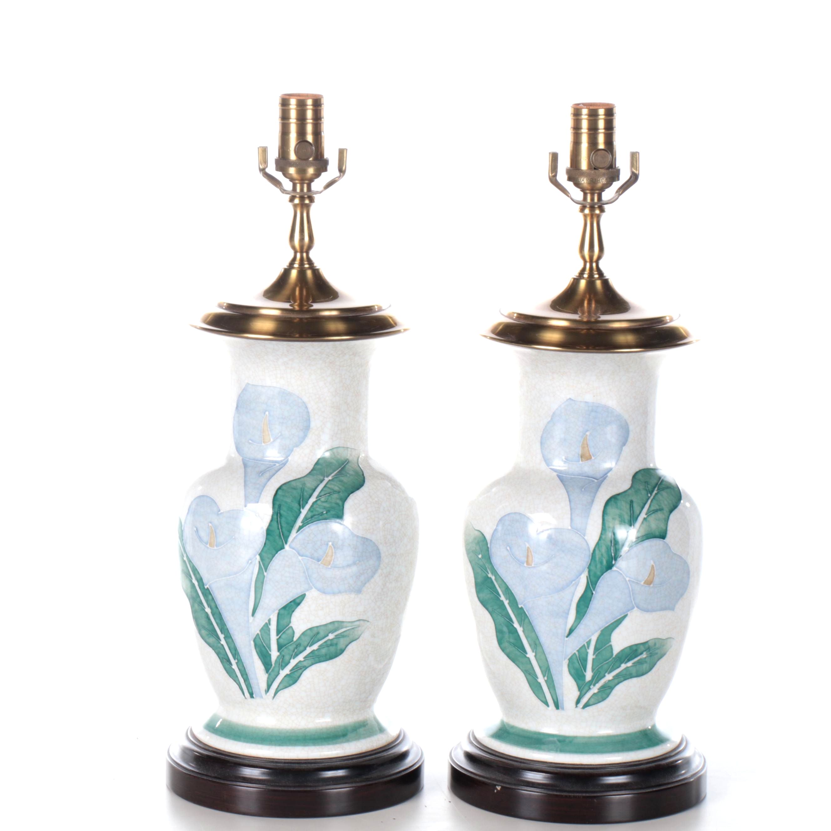 Wildwood Blue Calla Lilies Ceramic Vase Table Lamps, Late 20th Century