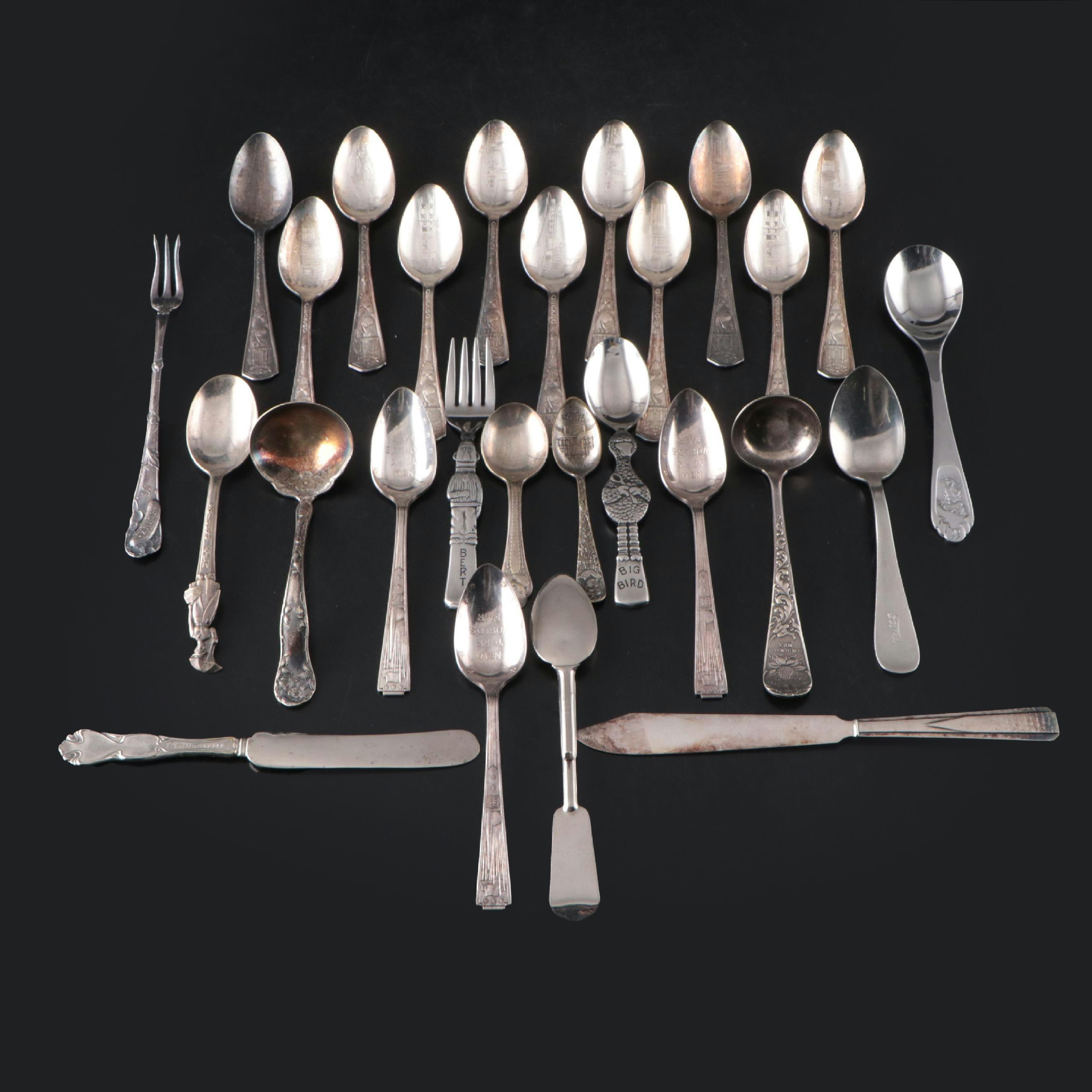 Silver Plate Souvenir and Novelty Spoons Incl. Big Bird, Kellogg's, and Bert