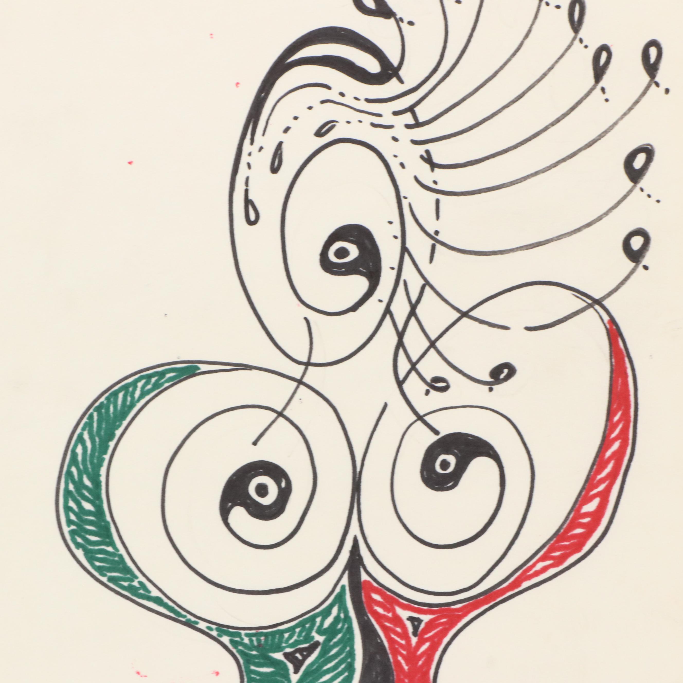 Achillo “Achi” Sullo Modern Biomorphic Figure Ink Drawing, Mid-Late 20th Century