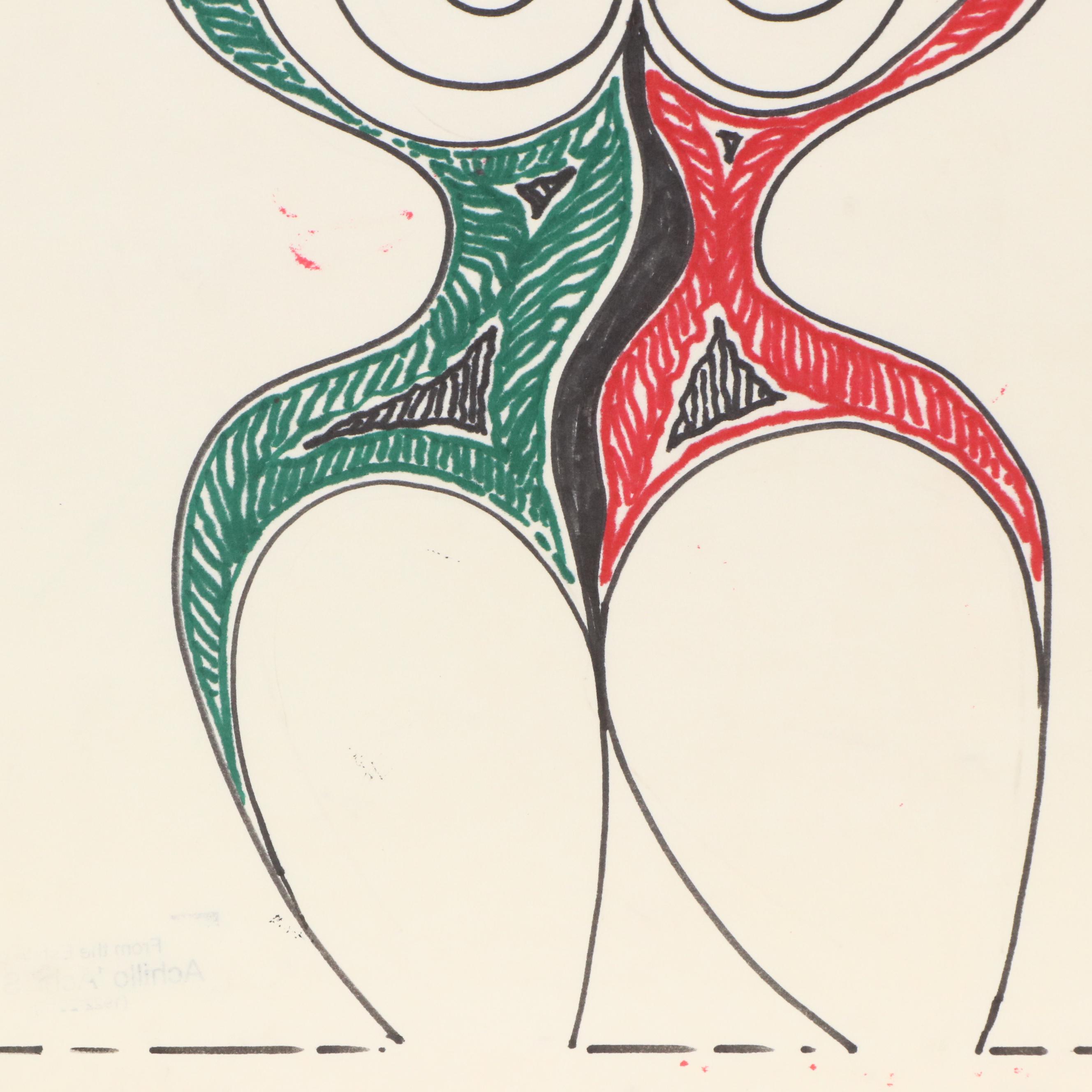 Achillo “Achi” Sullo Modern Biomorphic Figure Ink Drawing, Mid-Late 20th Century