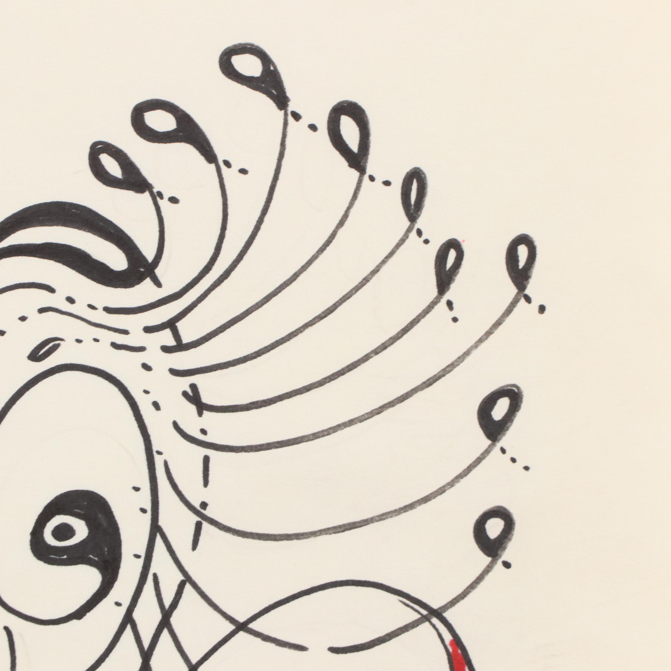 Achillo “Achi” Sullo Modern Biomorphic Figure Ink Drawing, Mid-Late 20th Century
