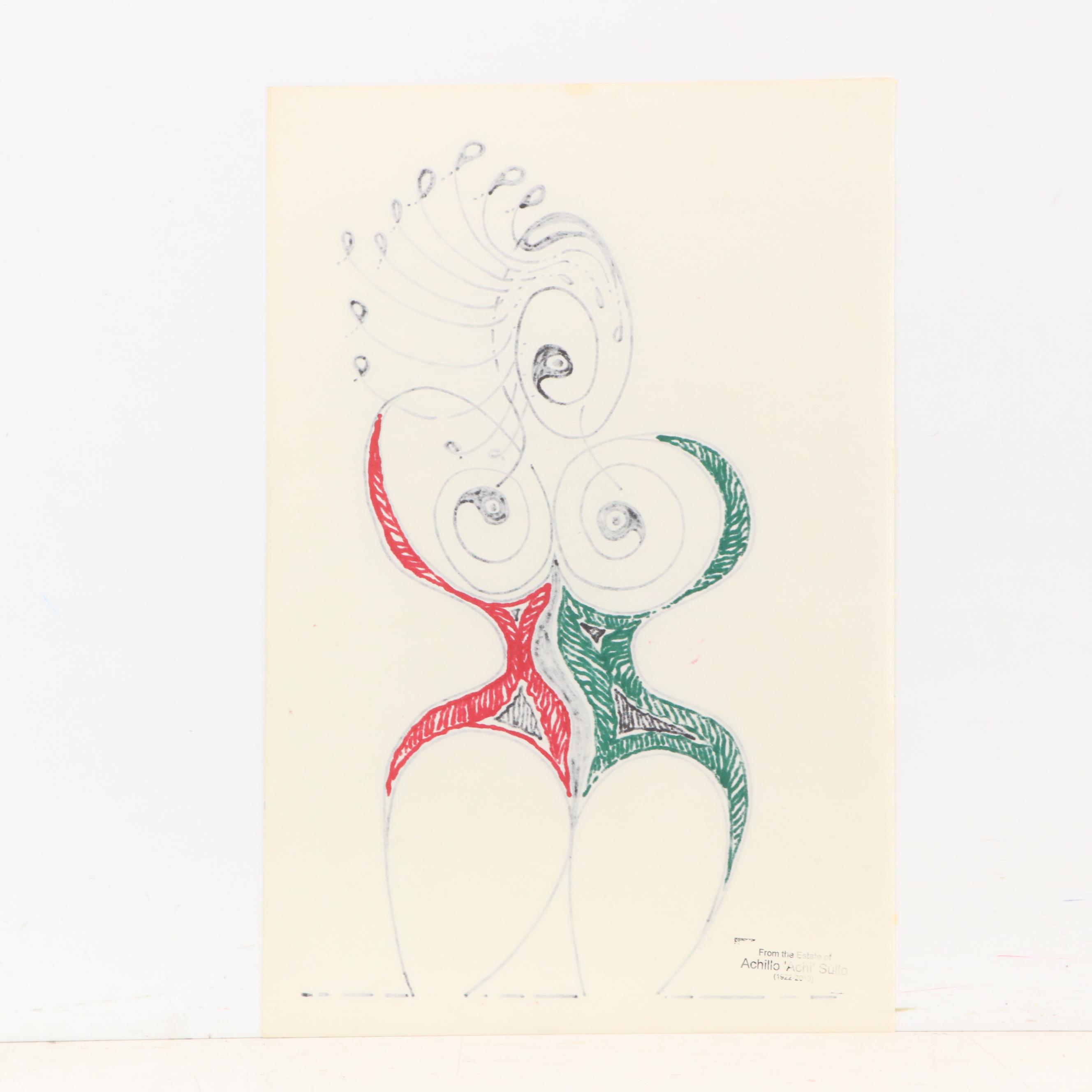Achillo “Achi” Sullo Modern Biomorphic Figure Ink Drawing, Mid-Late 20th Century