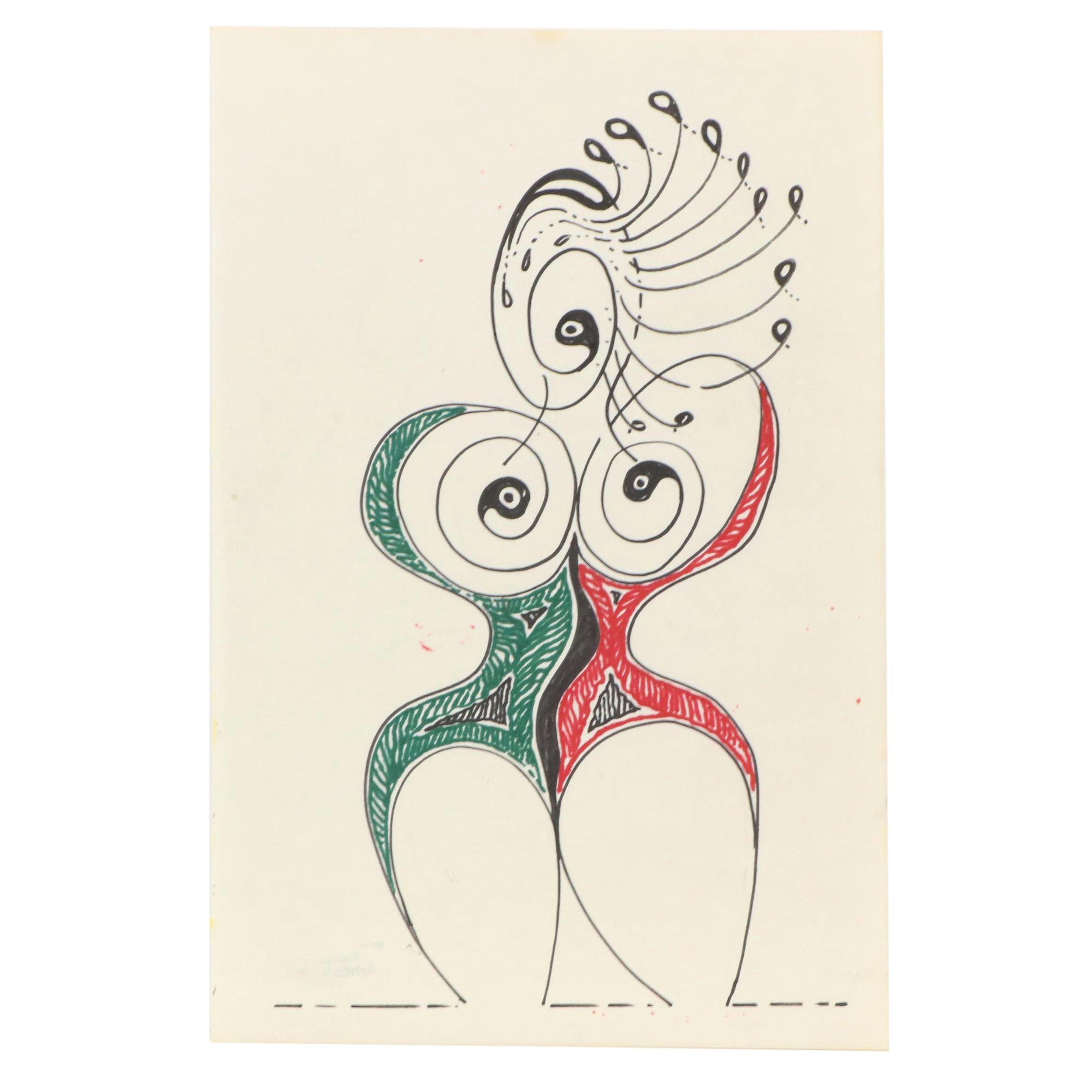 Achillo “Achi” Sullo Modern Biomorphic Figure Ink Drawing, Mid-Late 20th Century