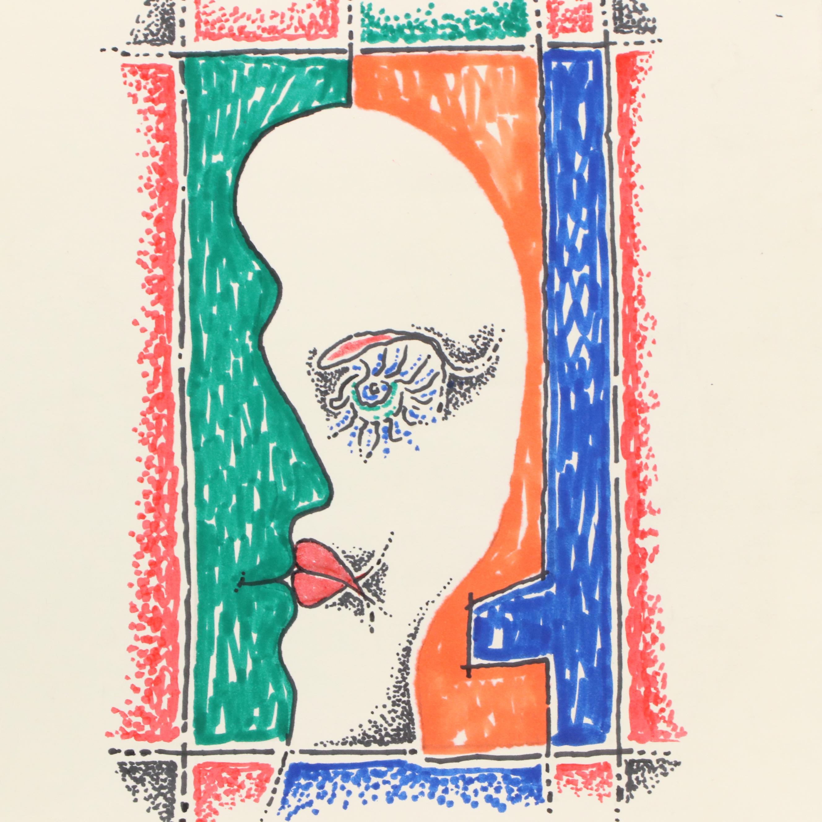 Achillo “Achi” Sullo Stylized Ink Drawing of Faces, Mid–Late 20th Century