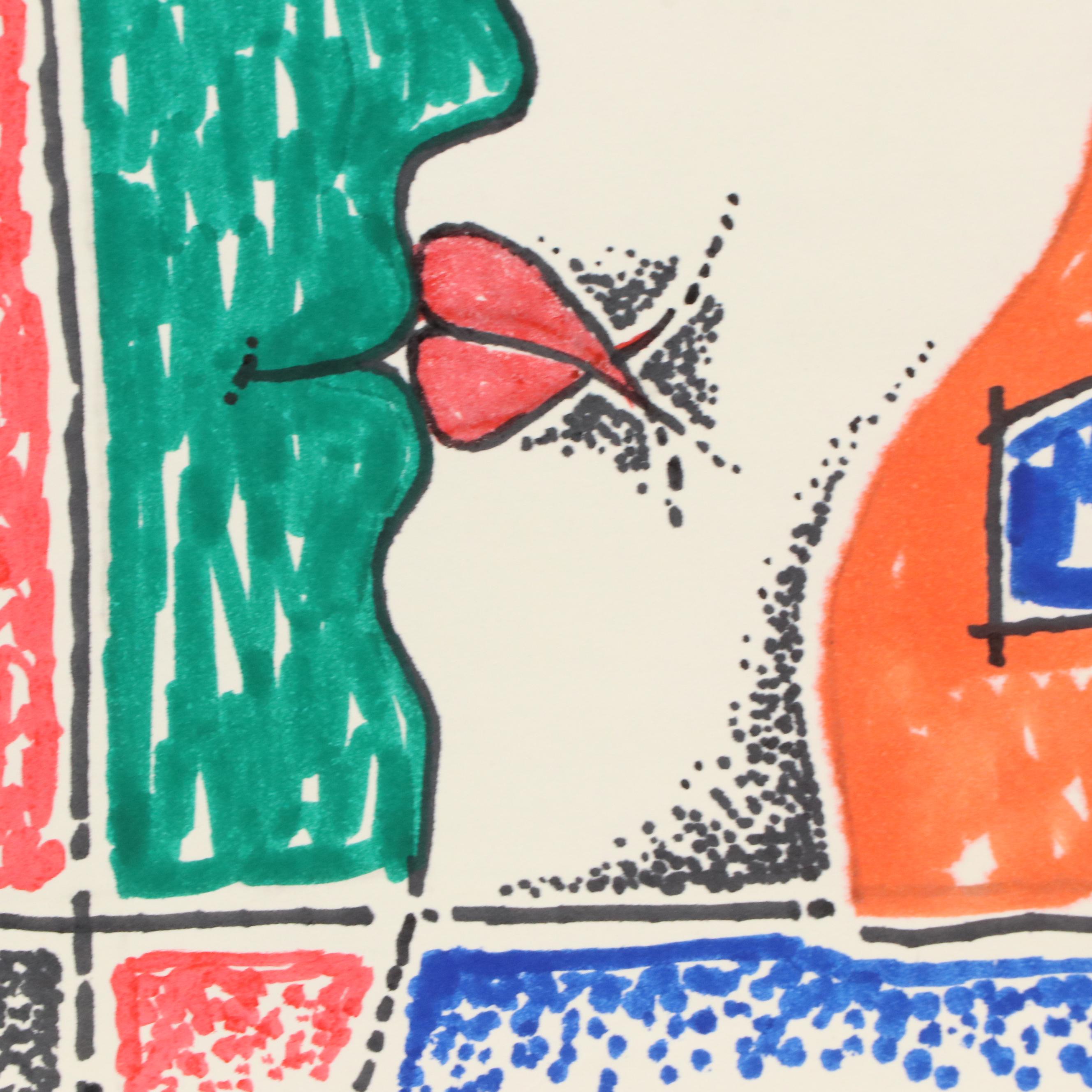 Achillo “Achi” Sullo Stylized Ink Drawing of Faces, Mid–Late 20th Century