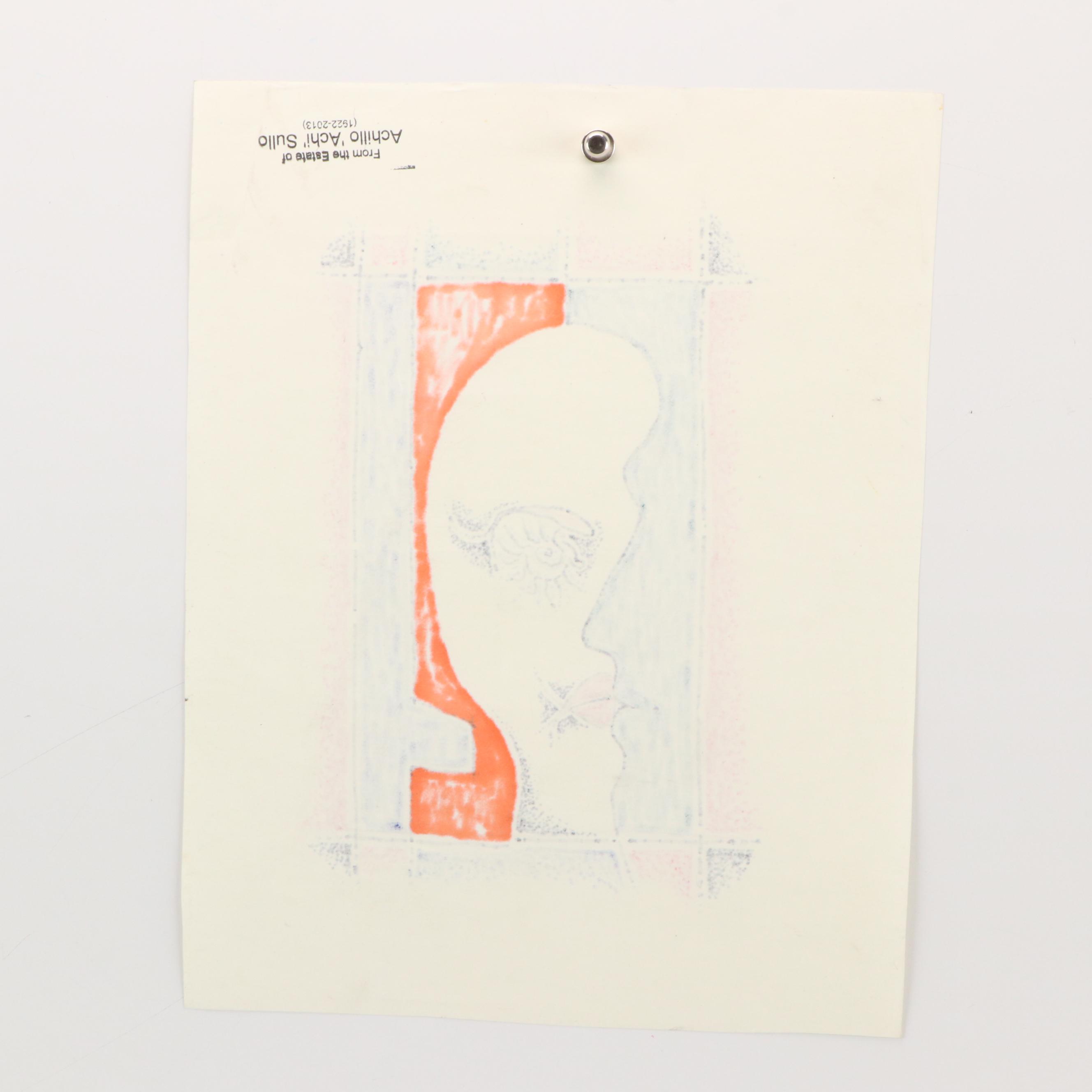 Achillo “Achi” Sullo Stylized Ink Drawing of Faces, Mid–Late 20th Century