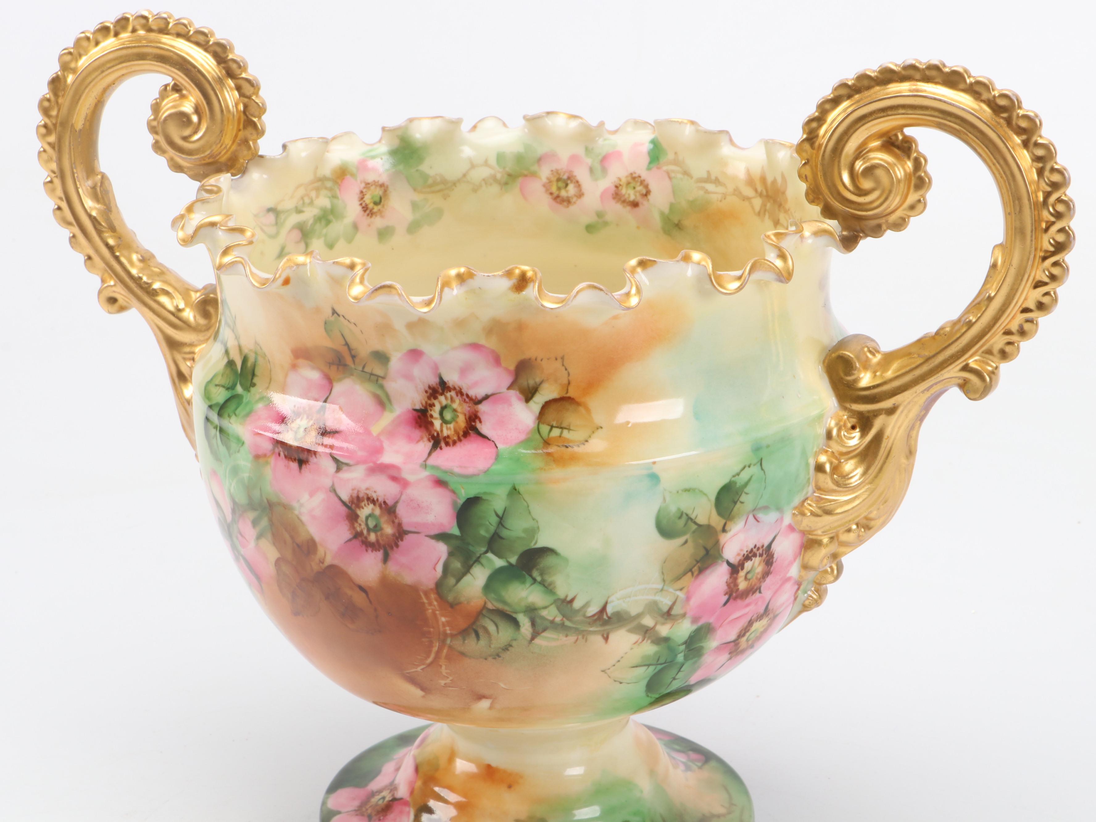 Willets Mfg. Co. Gilt Hand-Painted Floral Porcelain Urn, Late 19th-Early 20th C.