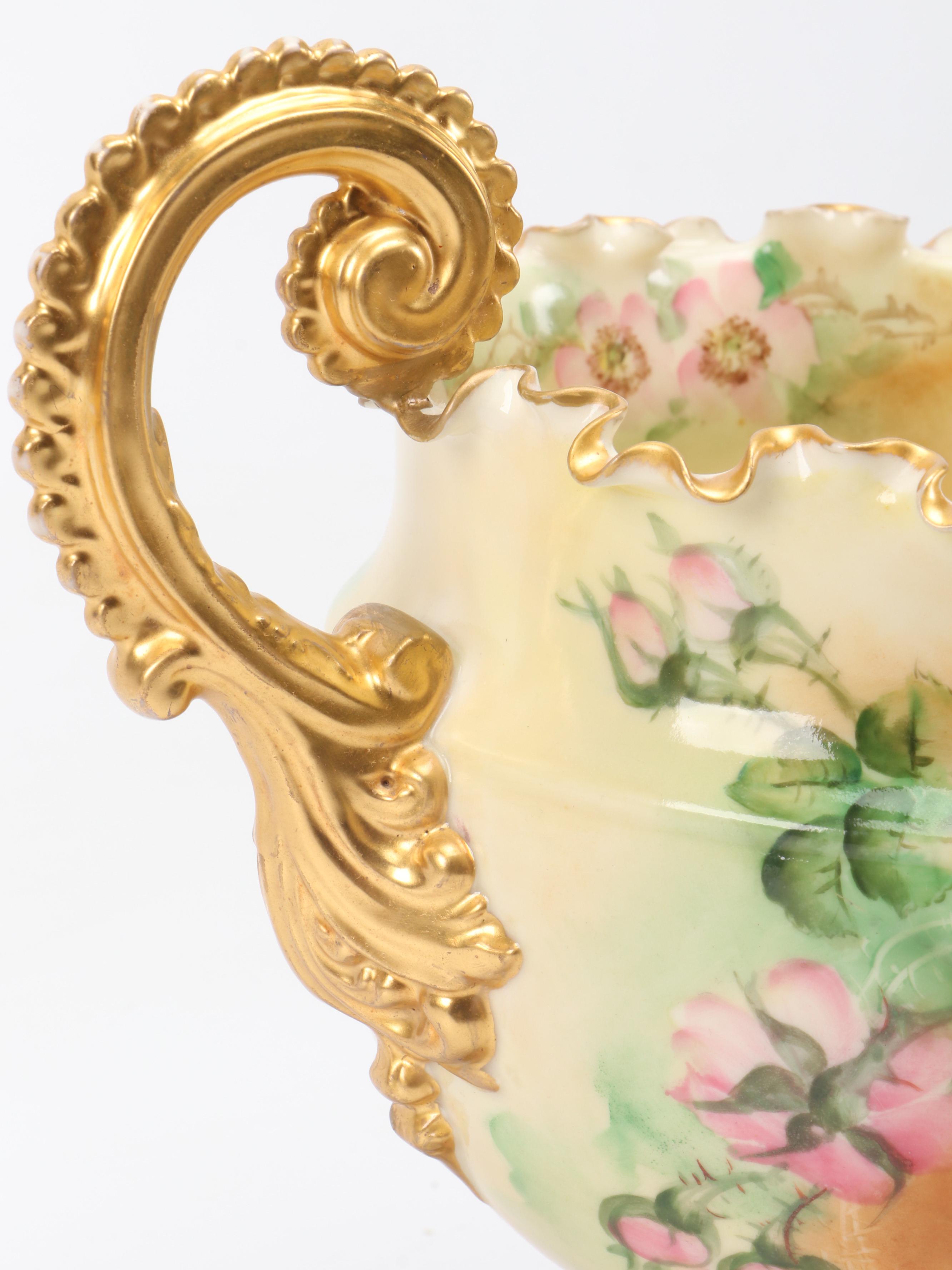 Willets Mfg. Co. Gilt Hand-Painted Floral Porcelain Urn, Late 19th-Early 20th C.