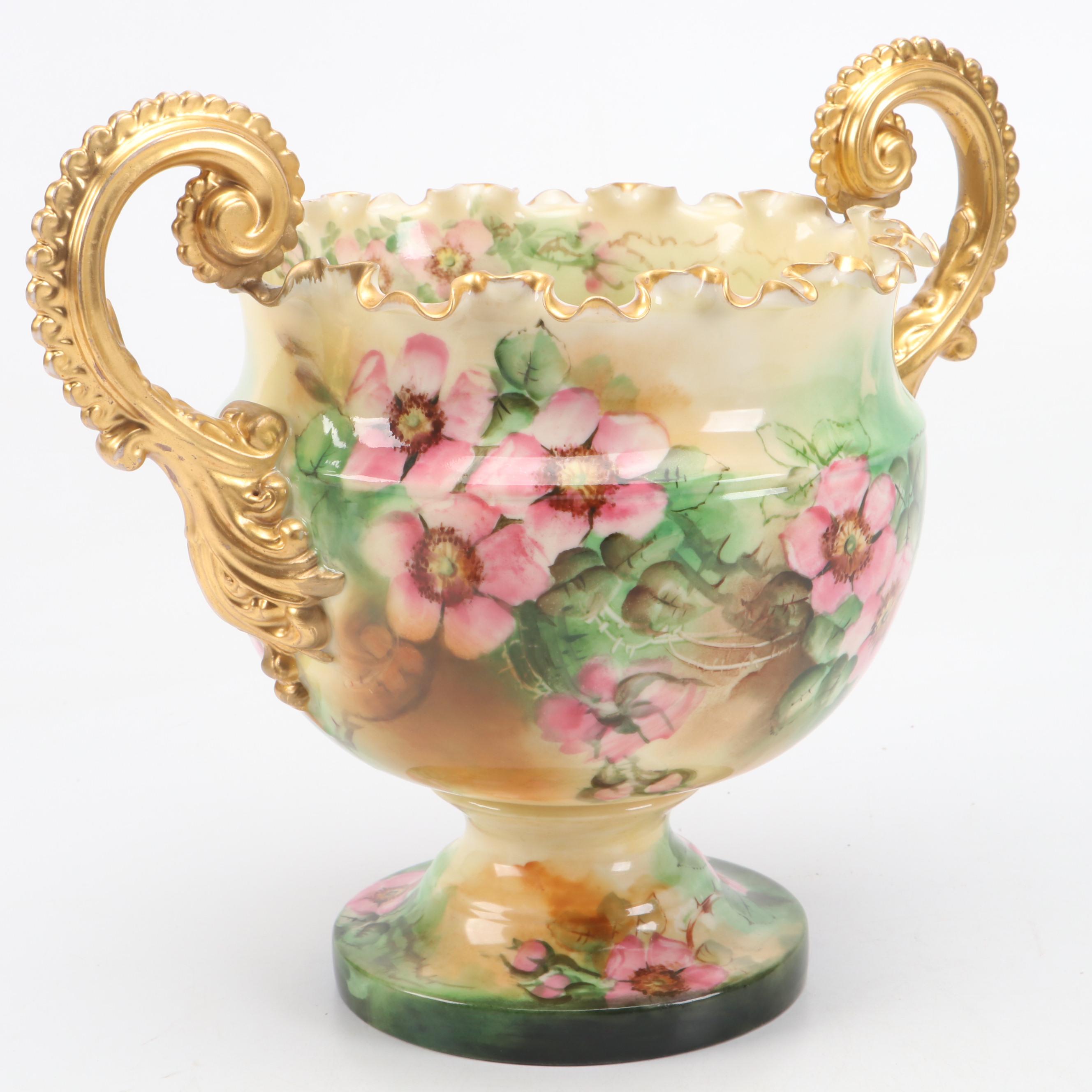Willets Mfg. Co. Gilt Hand-Painted Floral Porcelain Urn, Late 19th-Early 20th C.