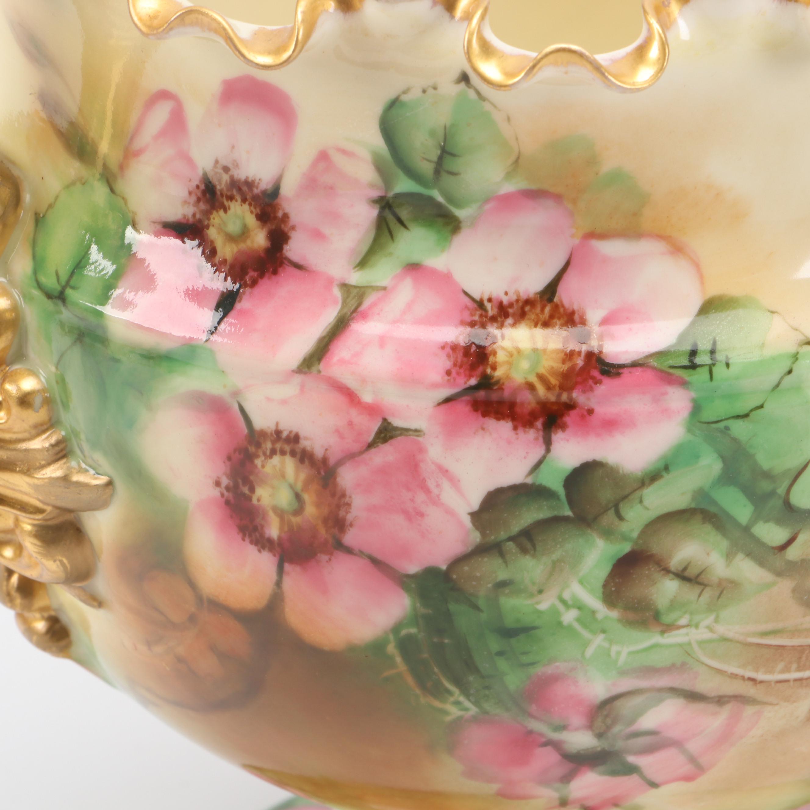 Willets Mfg. Co. Gilt Hand-Painted Floral Porcelain Urn, Late 19th-Early 20th C.