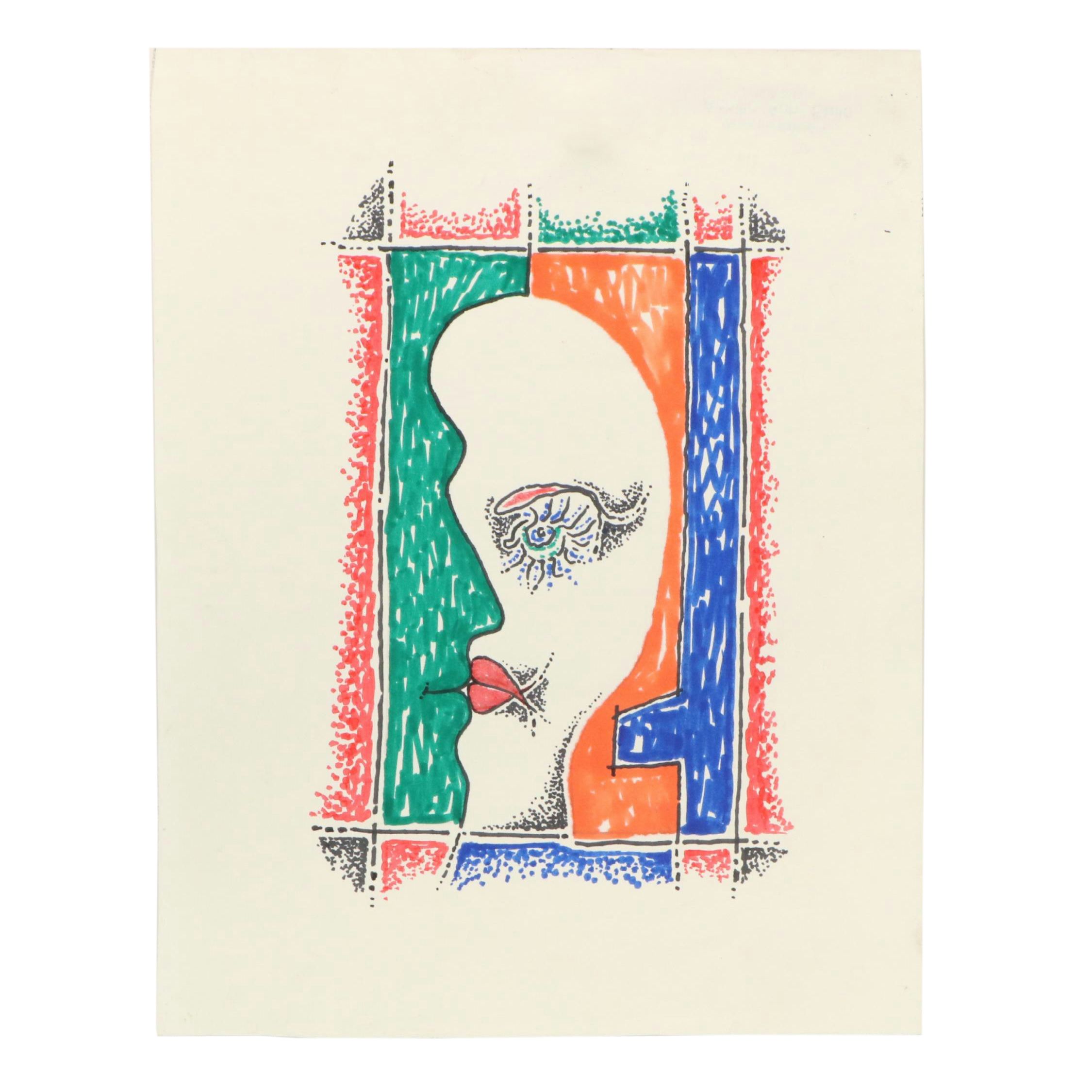 Achillo “Achi” Sullo Stylized Ink Drawing of Faces, Mid–Late 20th Century