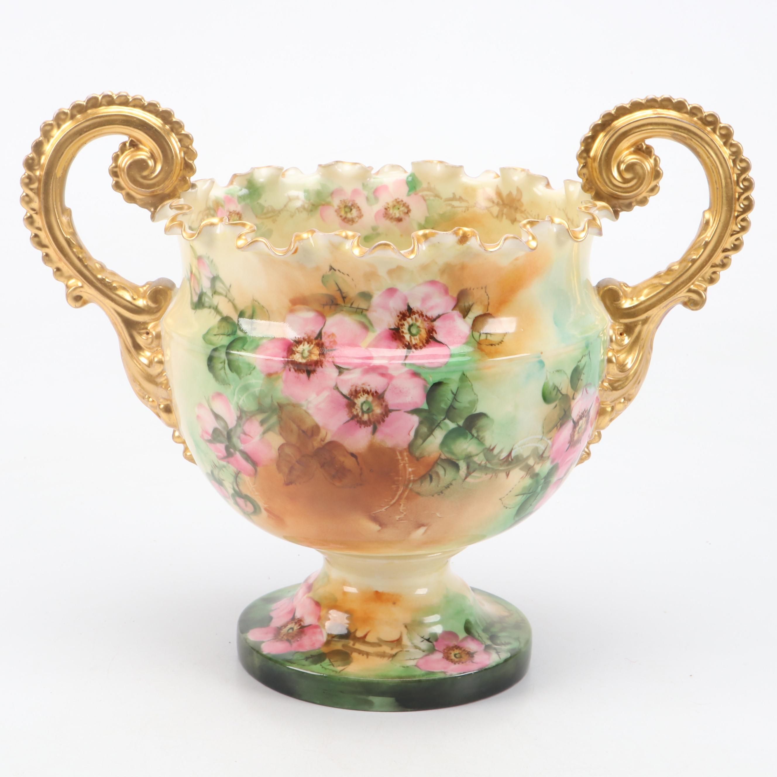 Willets Mfg. Co. Gilt Hand-Painted Floral Porcelain Urn, Late 19th-Early 20th C.
