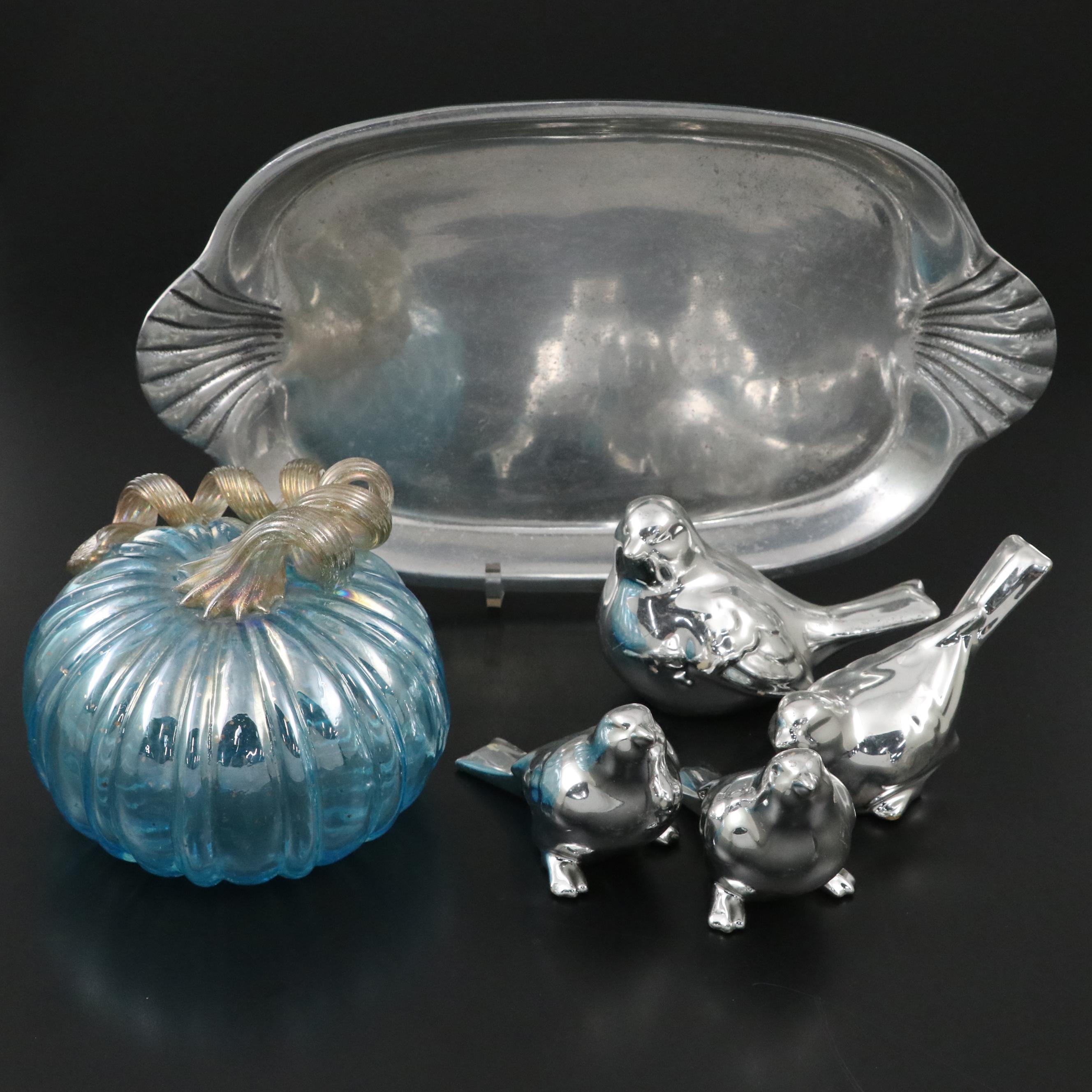 Metal Tray and Bird Figurines with Glass Pumpkin