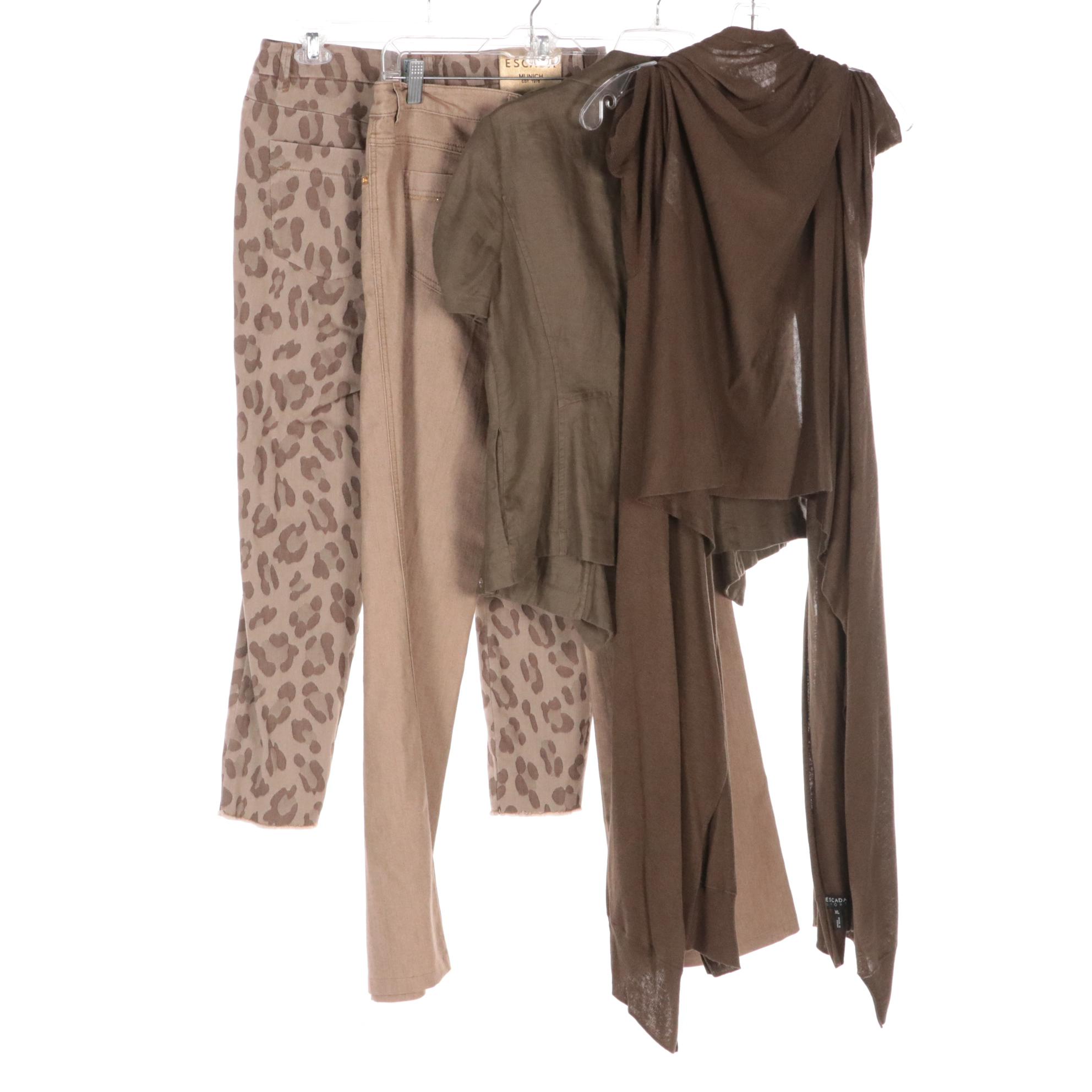 Escada Leopard Print Cropped Pants, Bootcut Jeans, Knit Silk Wrap Sweater, More
