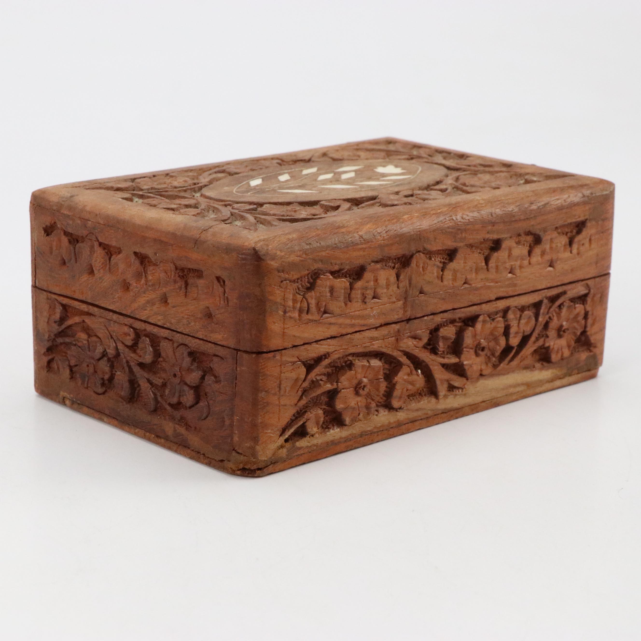 Carved Wooden Box, Brass Elephant Claw Bells, Picture Frame and Decorative Boxes