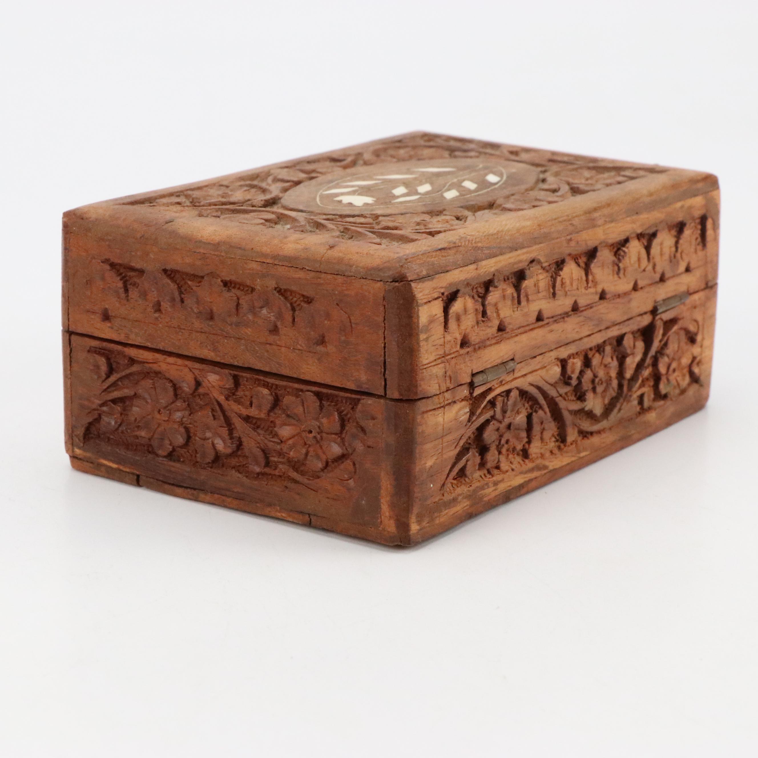 Carved Wooden Box, Brass Elephant Claw Bells, Picture Frame and Decorative Boxes