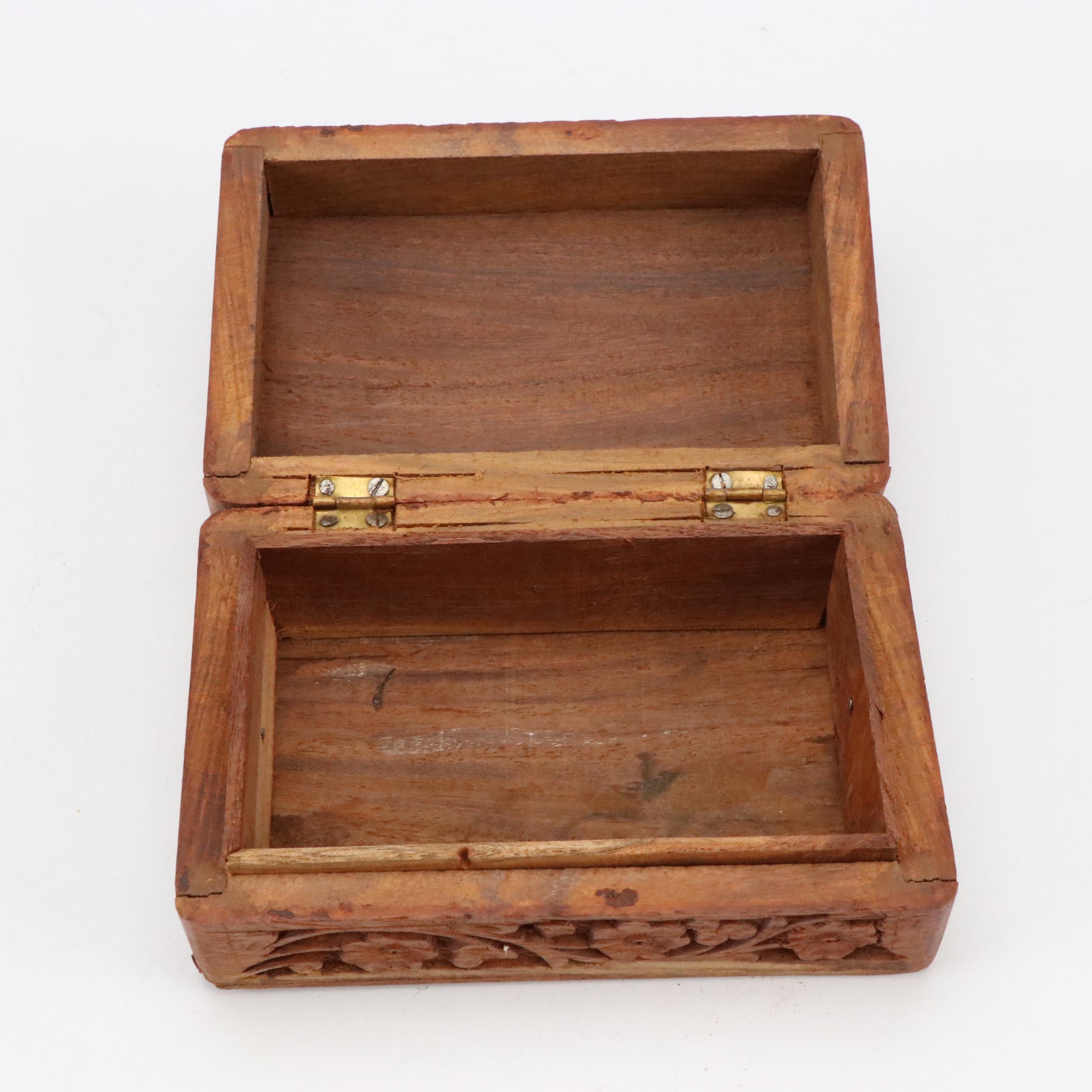 Carved Wooden Box, Brass Elephant Claw Bells, Picture Frame and Decorative Boxes