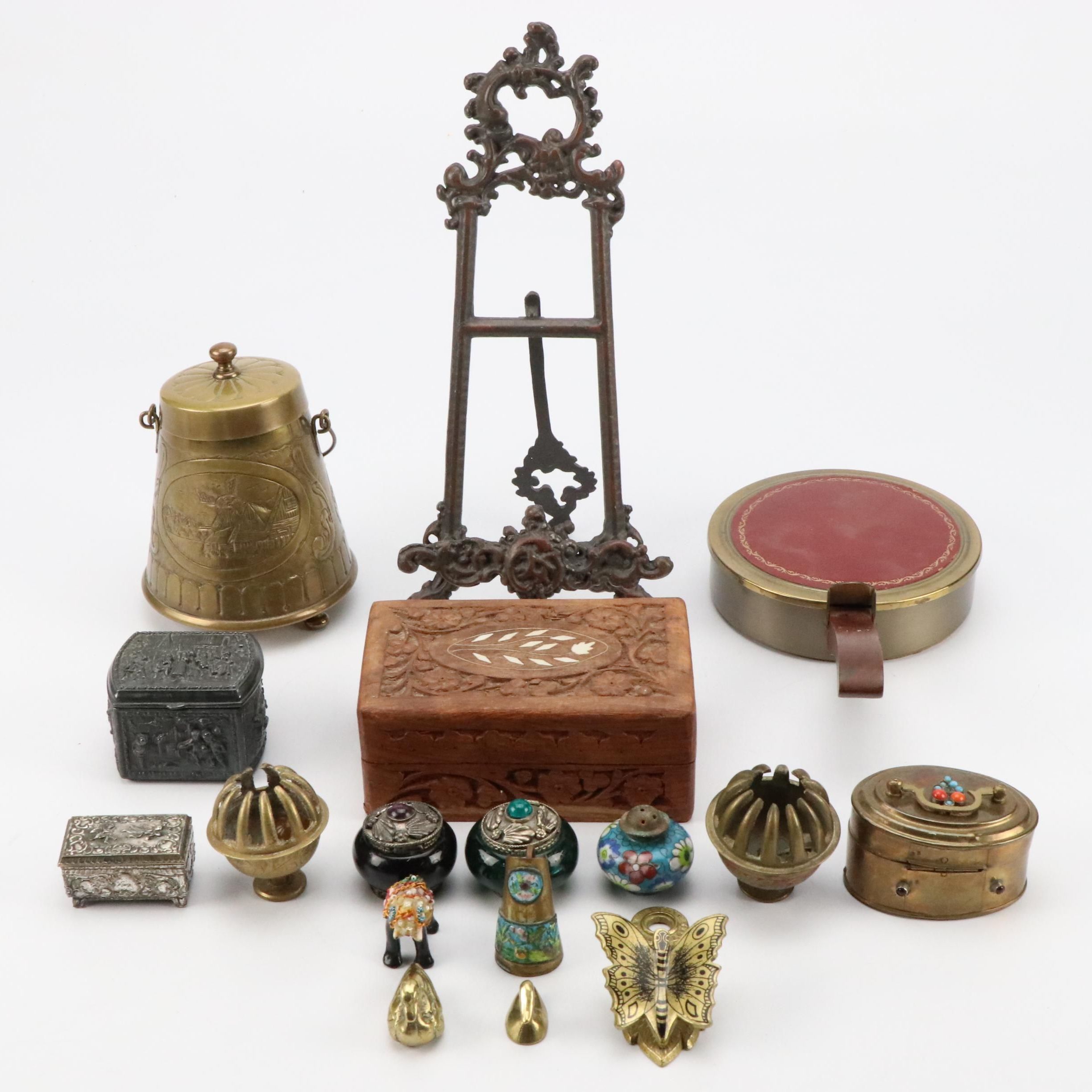 Carved Wooden Box, Brass Elephant Claw Bells, Picture Frame and Decorative Boxes