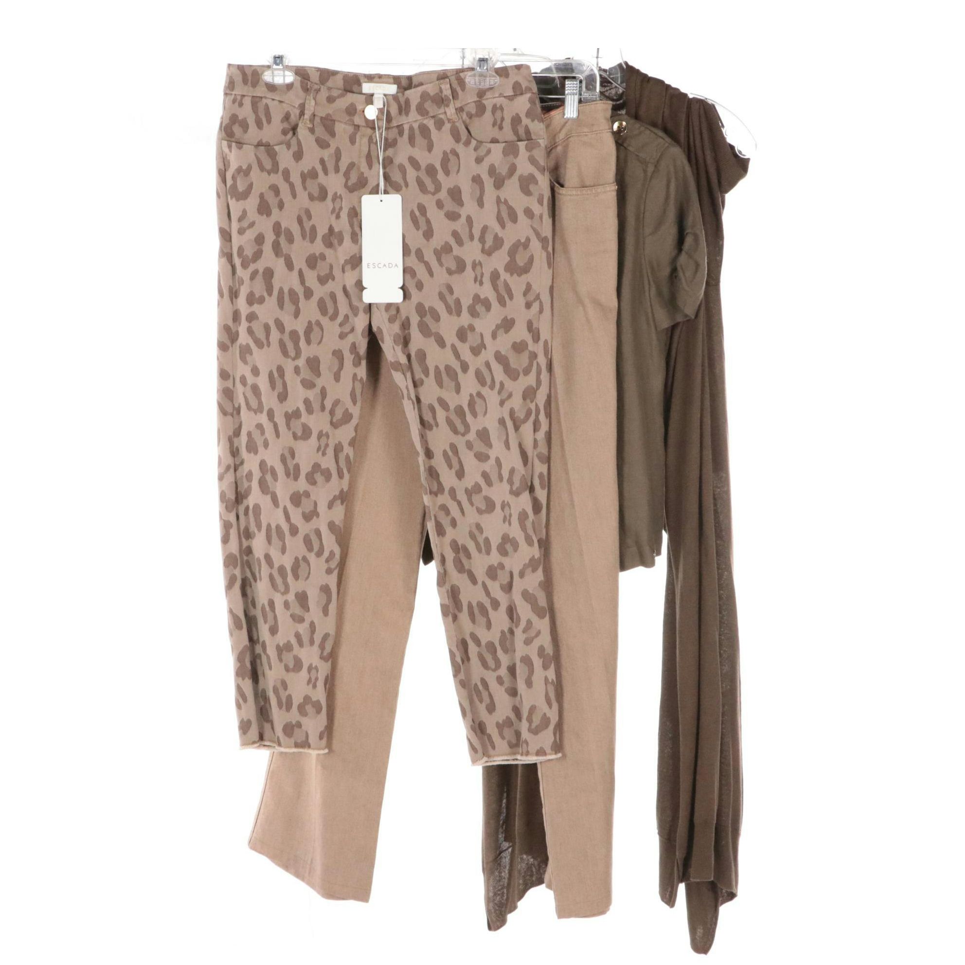 Escada Leopard Print Cropped Pants, Bootcut Jeans, Knit Silk Wrap Sweater, More