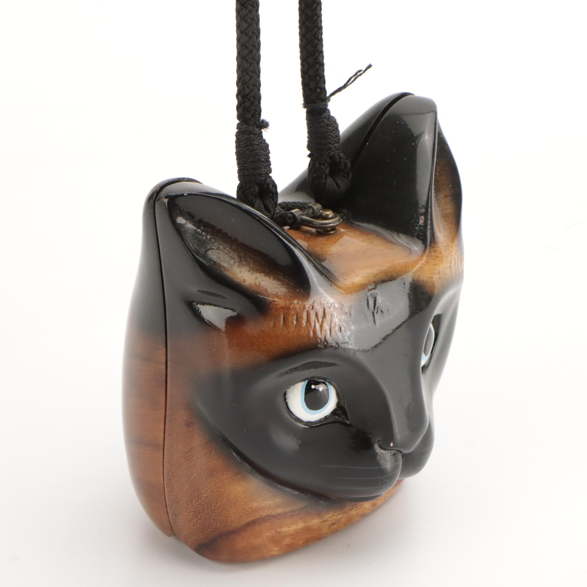 Timmy Woods Siamese Cat Purse in Sculpted Acacia Wood with Tag