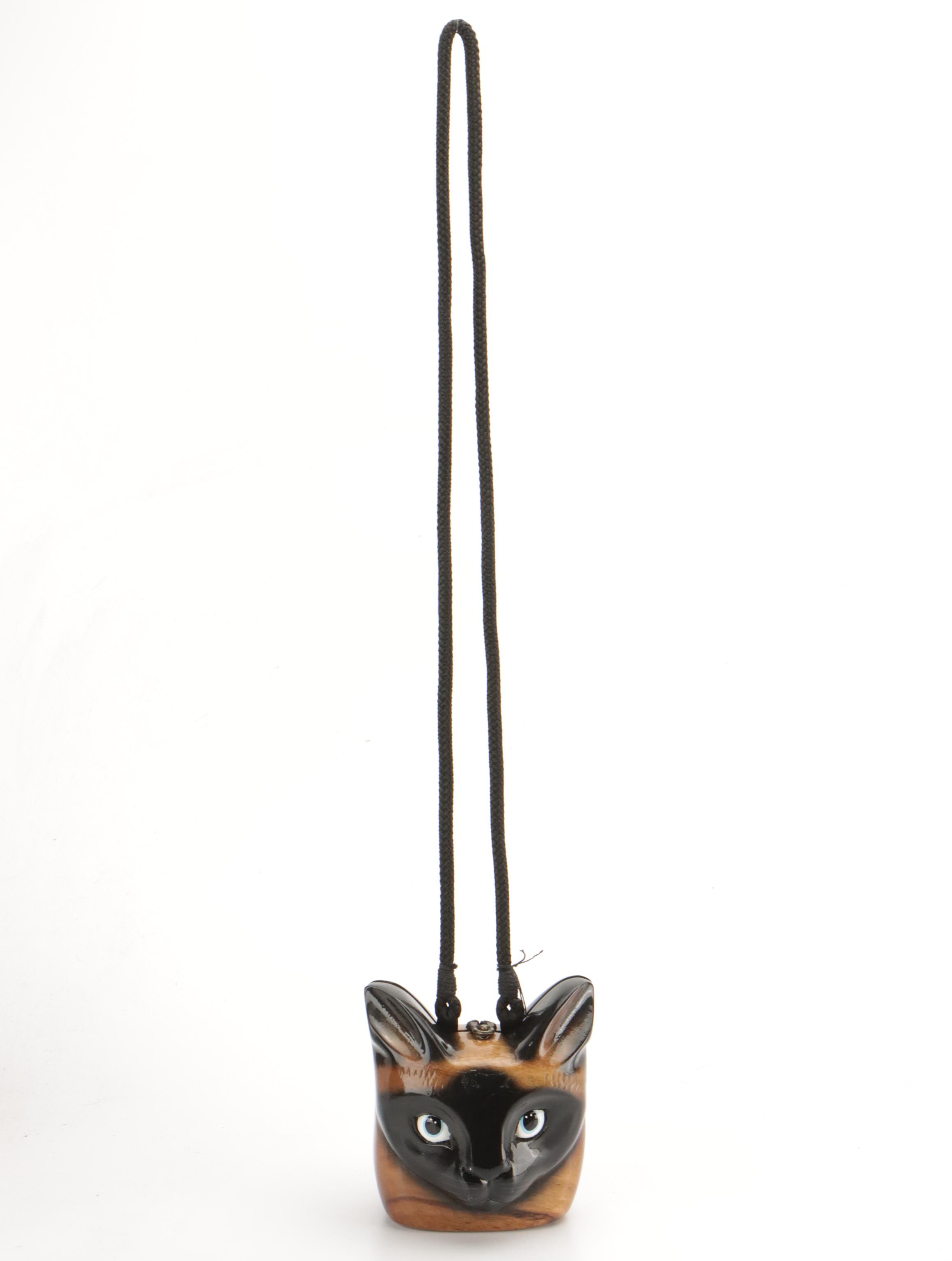 Timmy Woods Siamese Cat Purse in Sculpted Acacia Wood with Tag