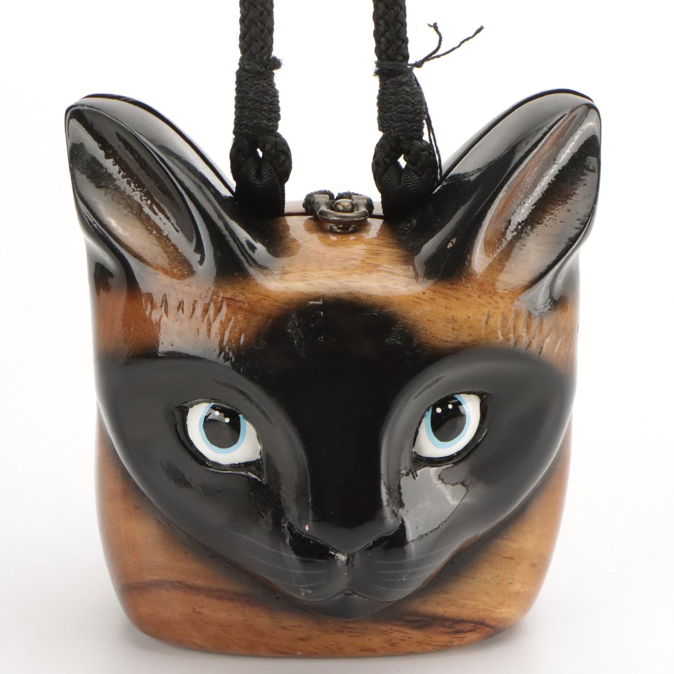 Timmy Woods Siamese Cat Purse in Sculpted Acacia Wood with Tag