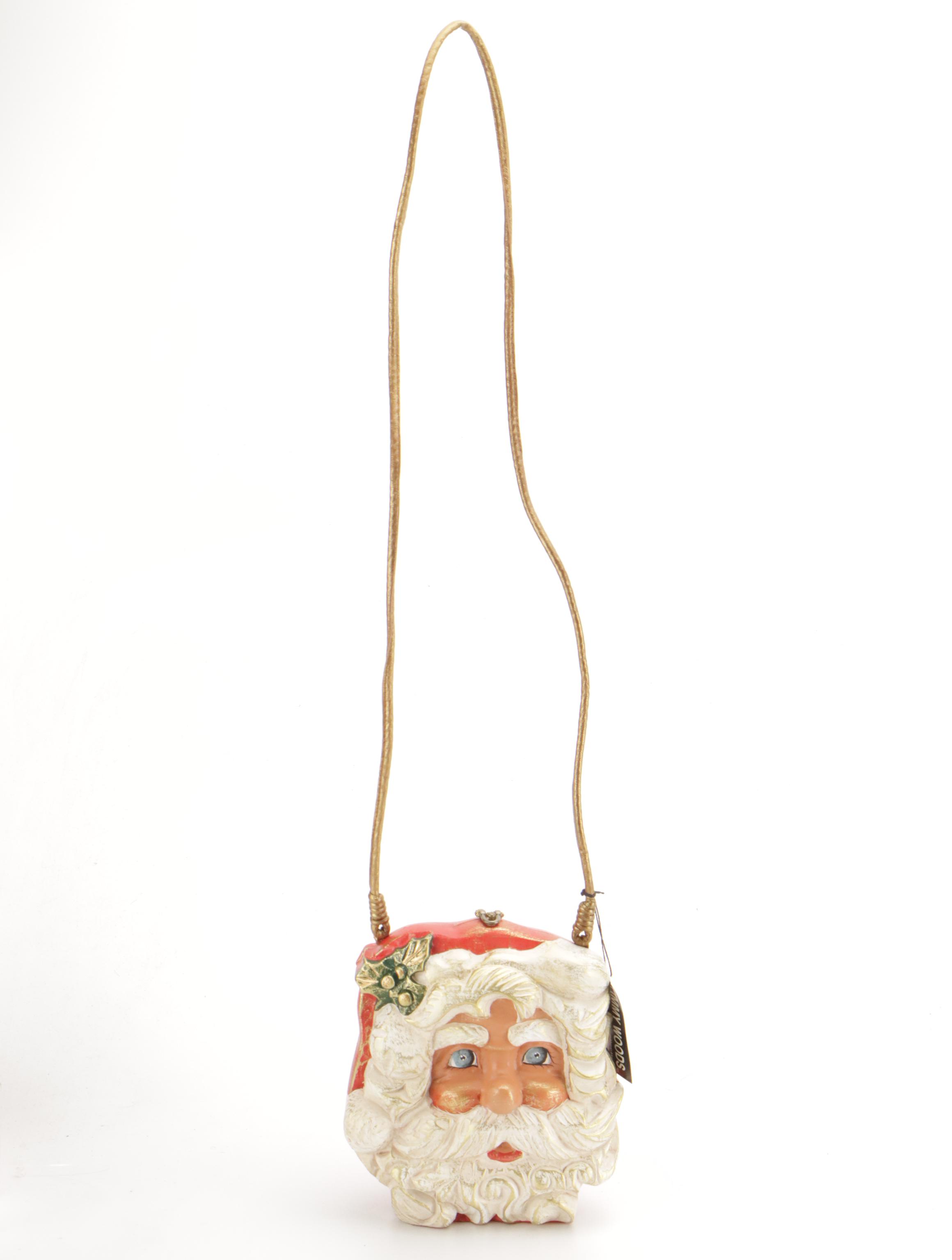 Timmy Woods Holly Berry Santa Purse in Sculpted Acacia Wood with Tag