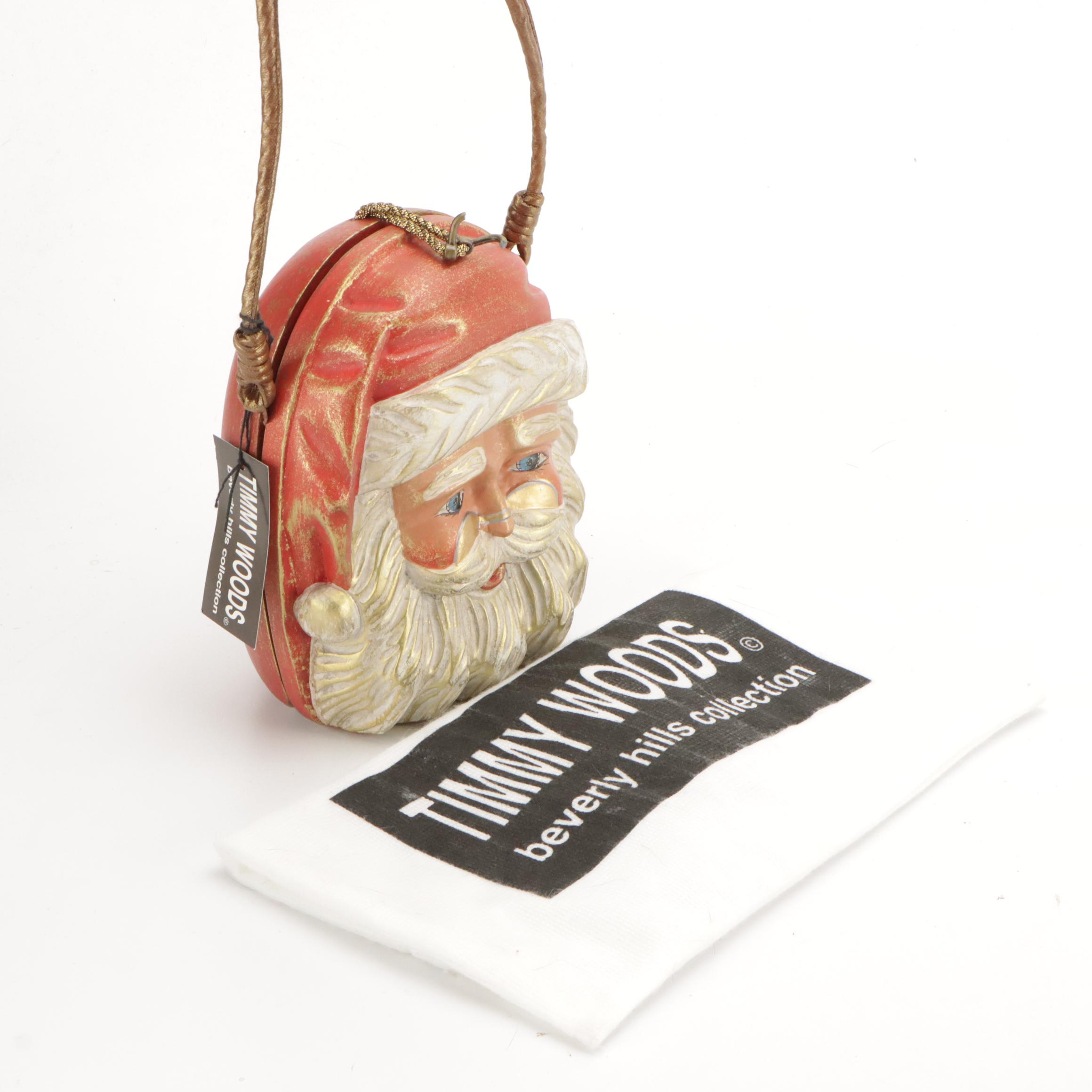 Timmy Woods Signed Santa Purse in Sculpted Acacia Wood with Tag, 1996