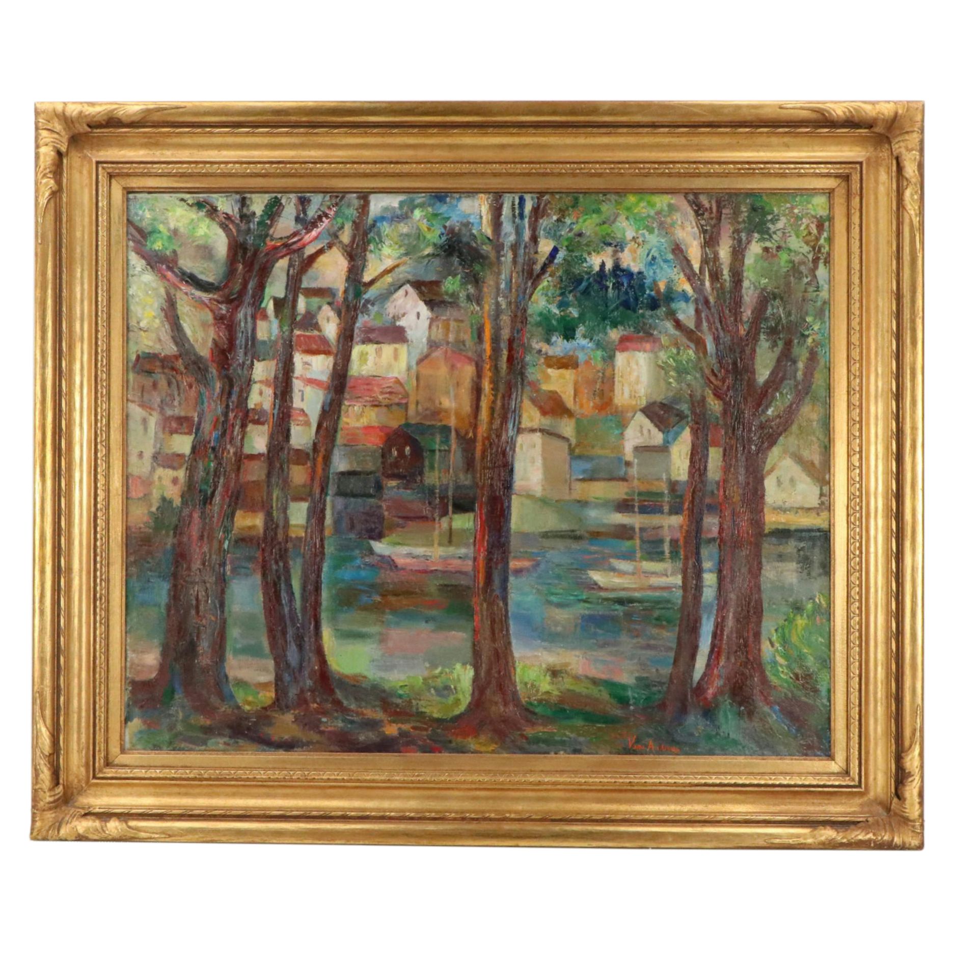 Vera Andrus Landscape Oil Painting "View of Gloucester," Early 20th Century