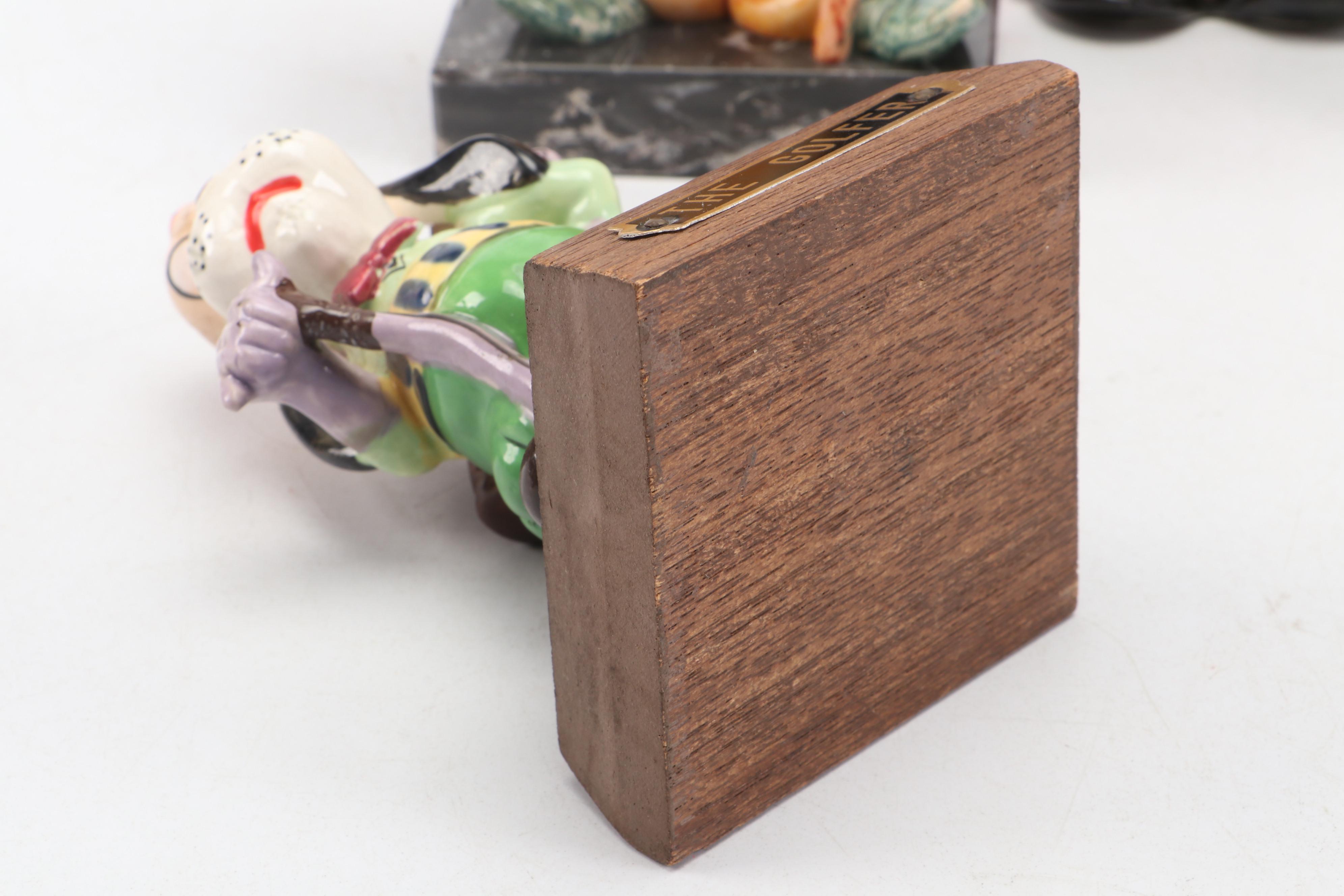 Porcelain and Resin Clown Figurines and The Golfer Dog Figurine