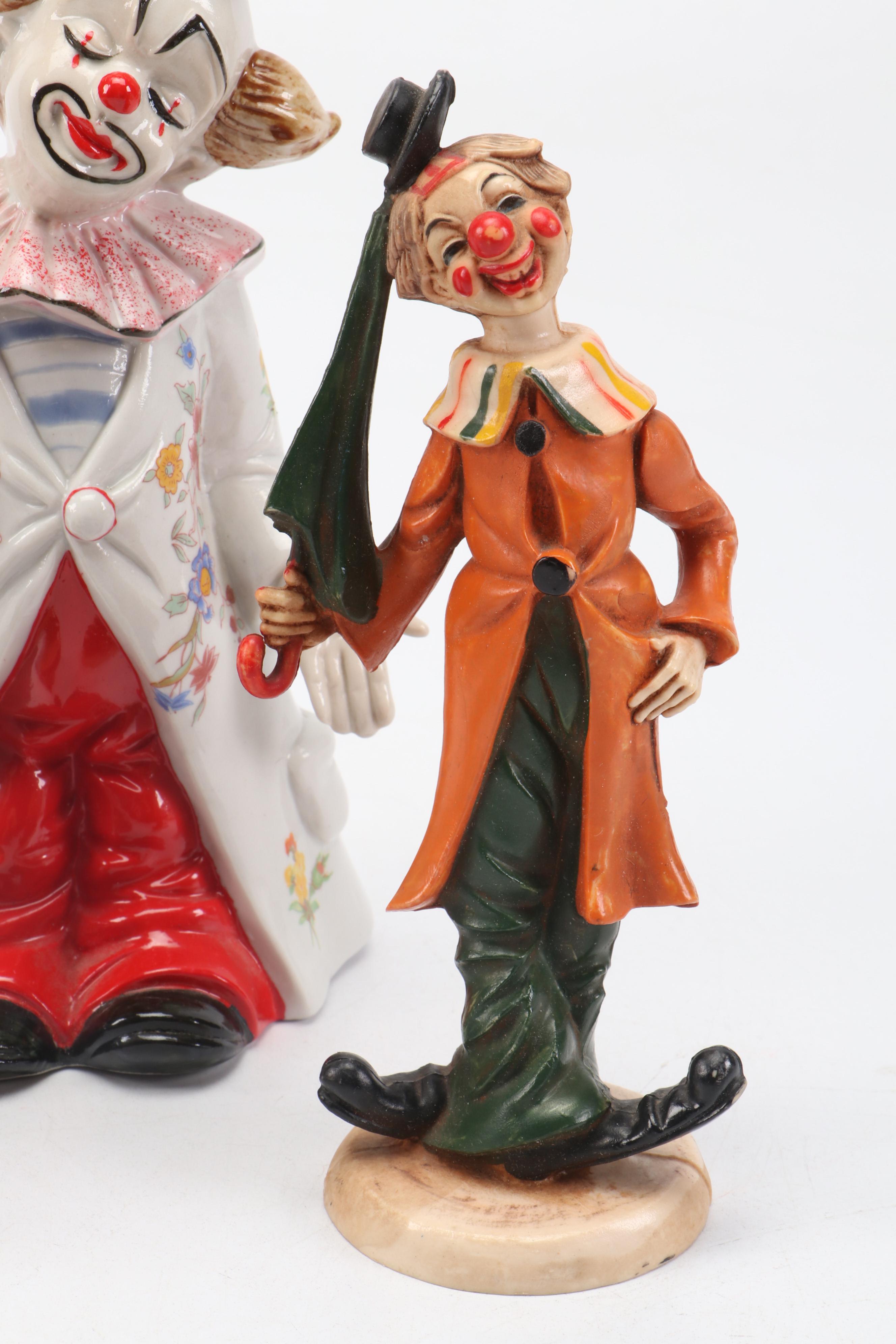 Porcelain and Resin Clown Figurines and The Golfer Dog Figurine