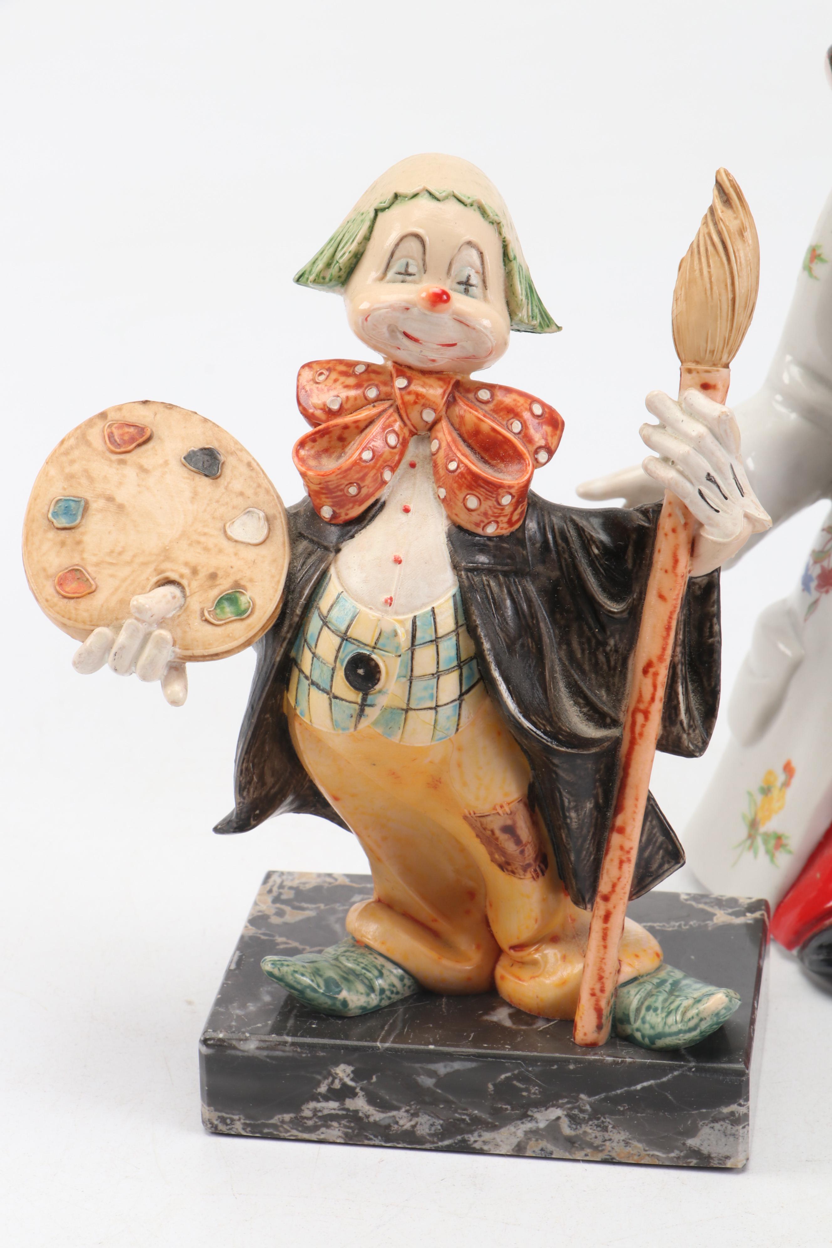 Porcelain and Resin Clown Figurines and The Golfer Dog Figurine