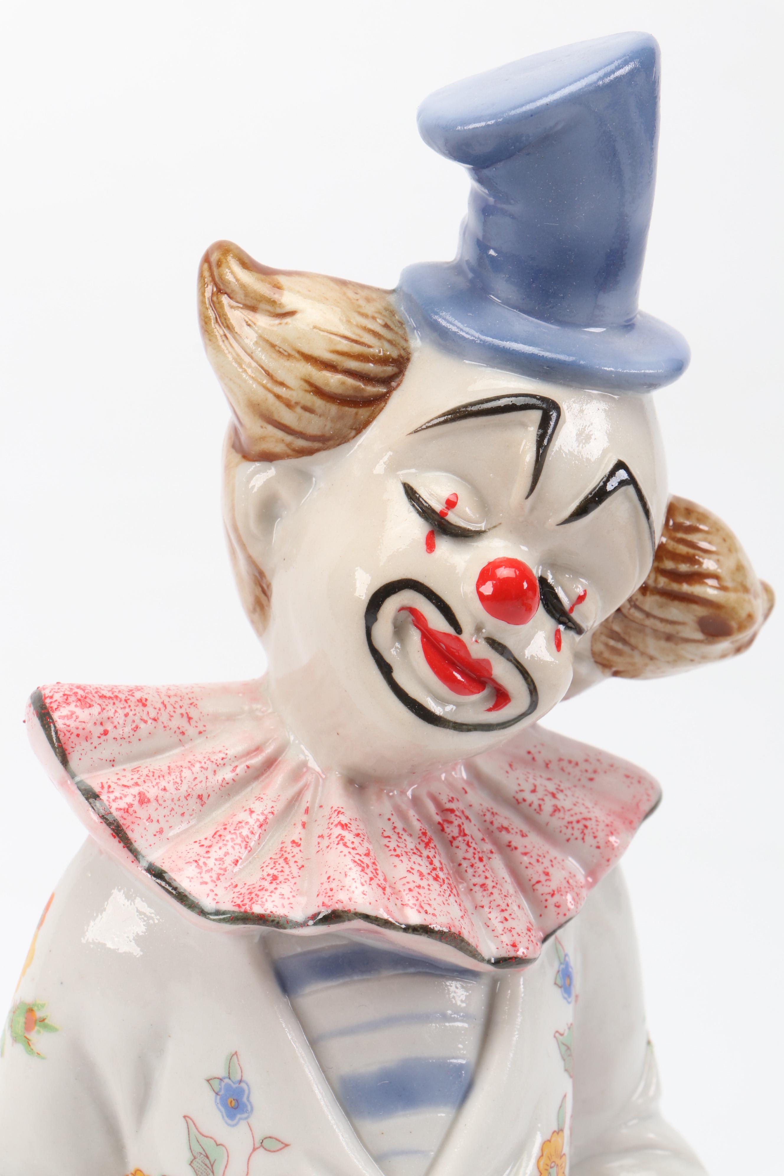 Porcelain and Resin Clown Figurines and The Golfer Dog Figurine