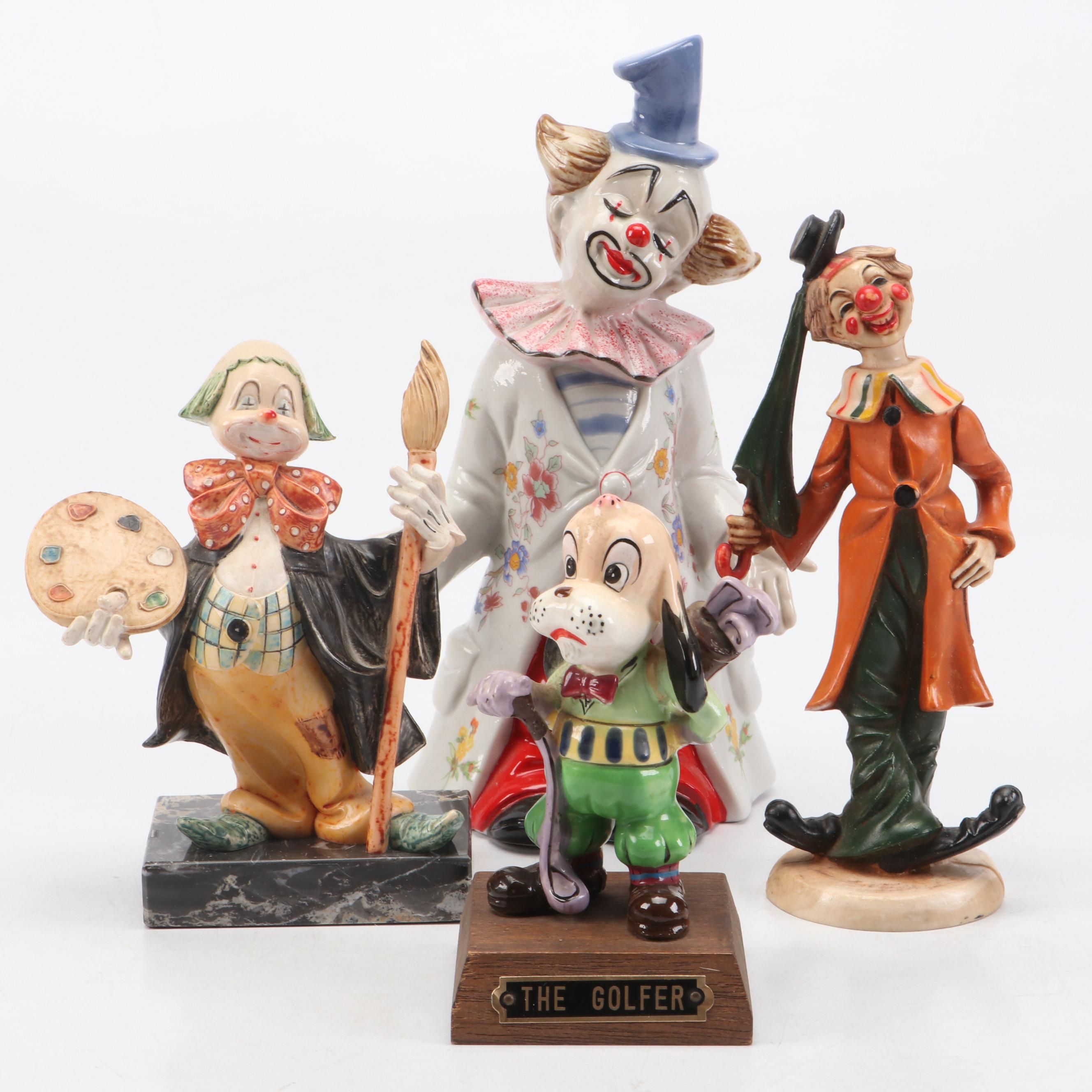 Porcelain and Resin Clown Figurines and The Golfer Dog Figurine