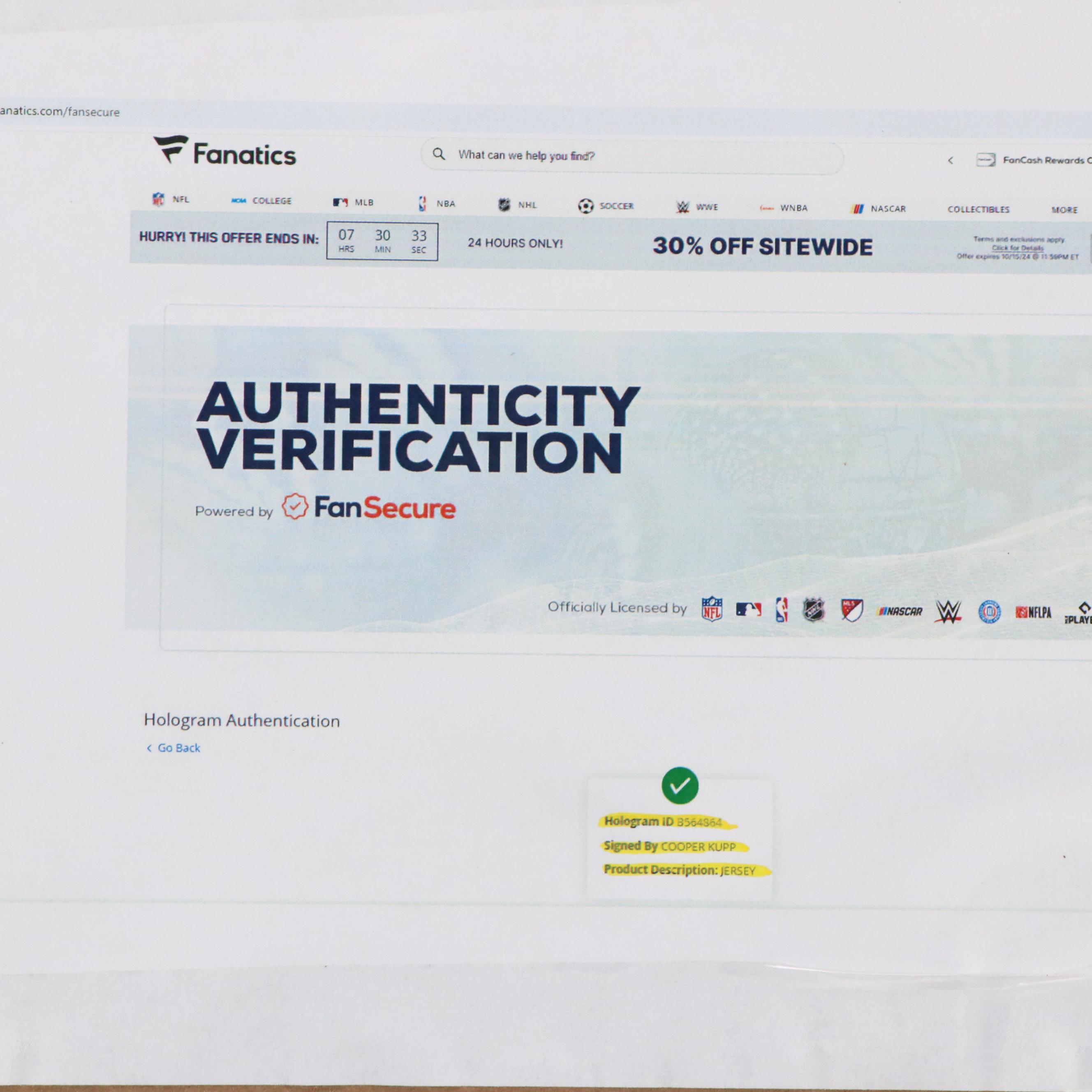 Cooper Kupp Signed Los Angeles Rams Nike Football Jersey with Display, Fanatics