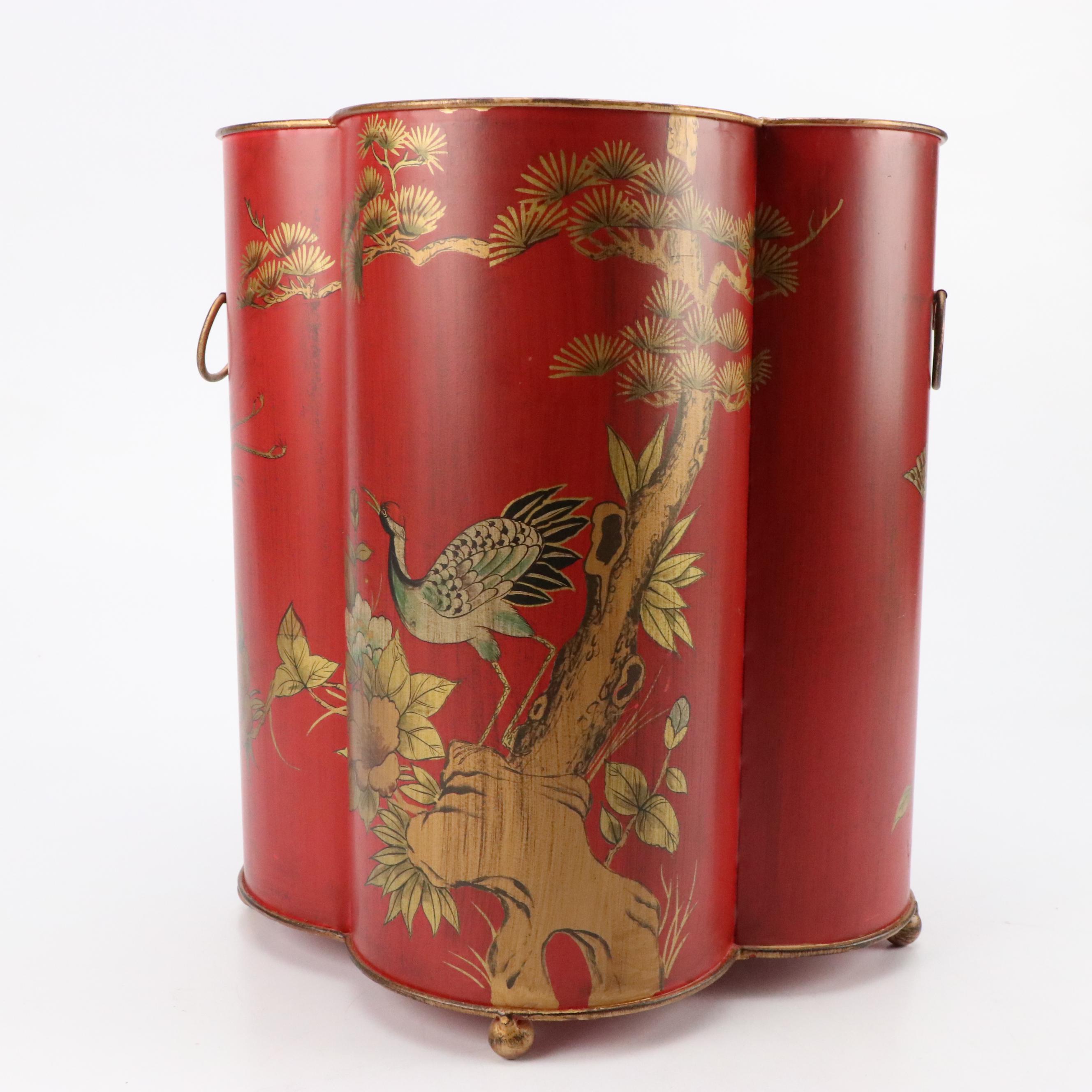 Chinoiserie Style Toleware Bird and Tree Motif Waste Basket