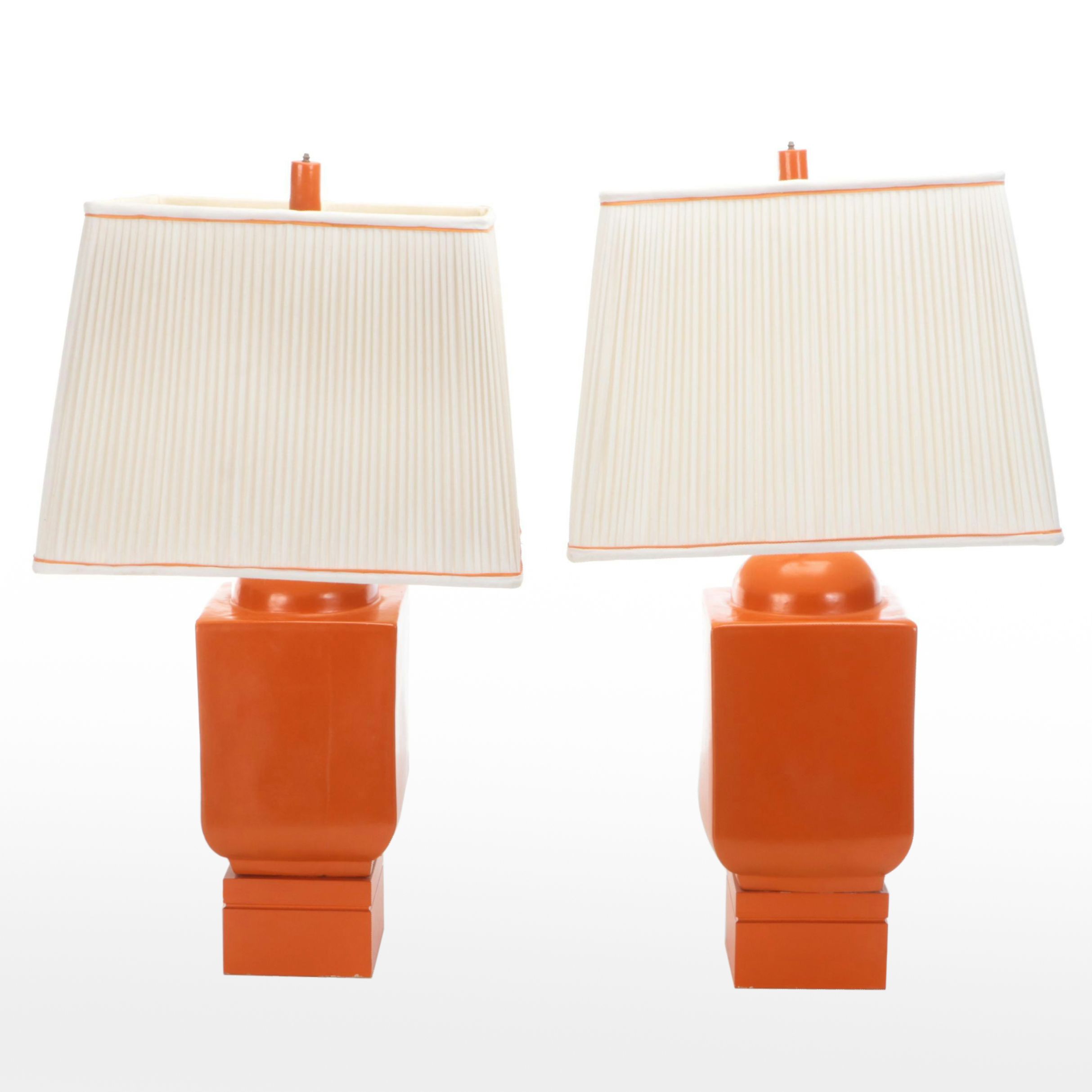 Orange Lacquered Bollard Table Lamps with Pleated Square Shades, Late 20th C.