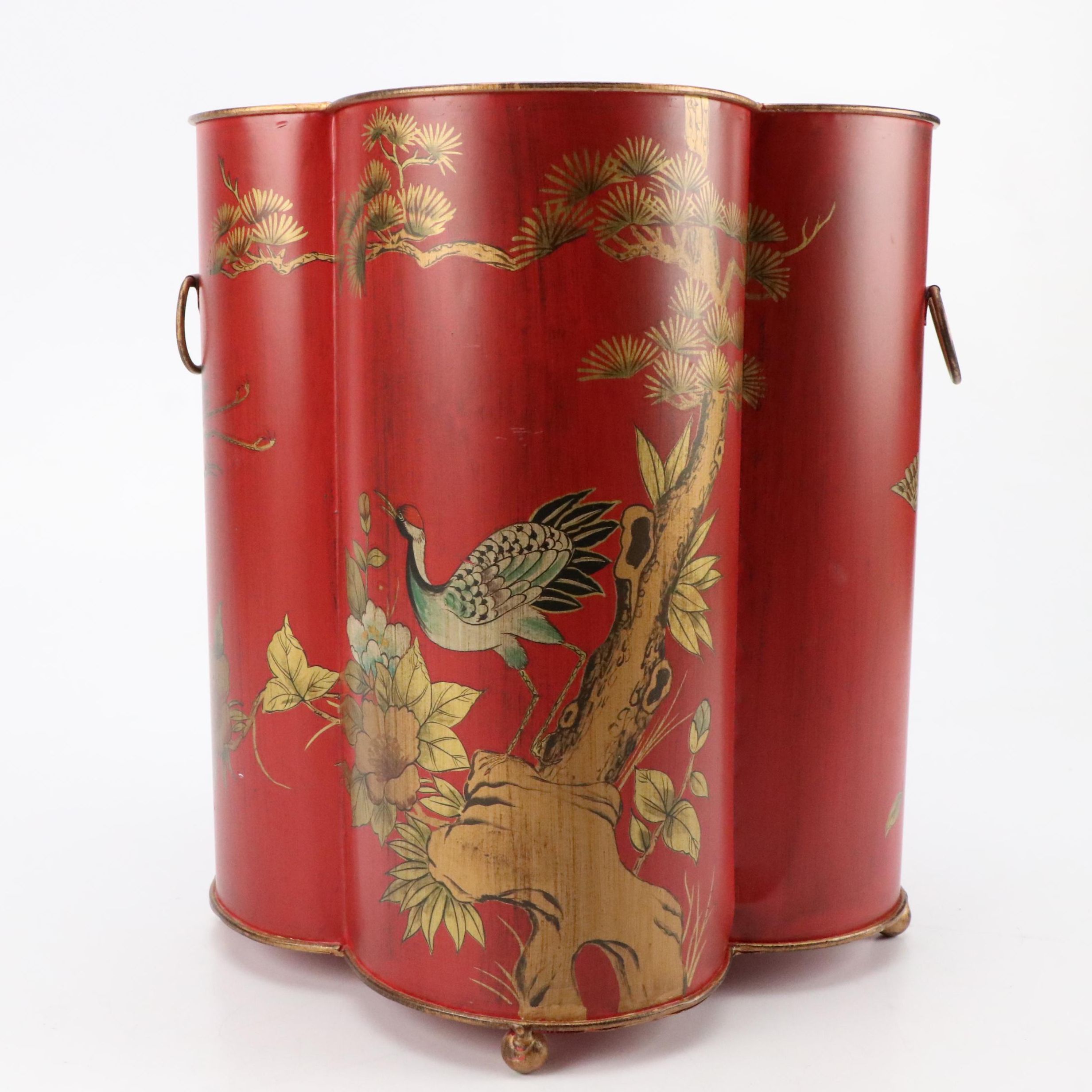 Chinoiserie Style Toleware Bird and Tree Motif Waste Basket
