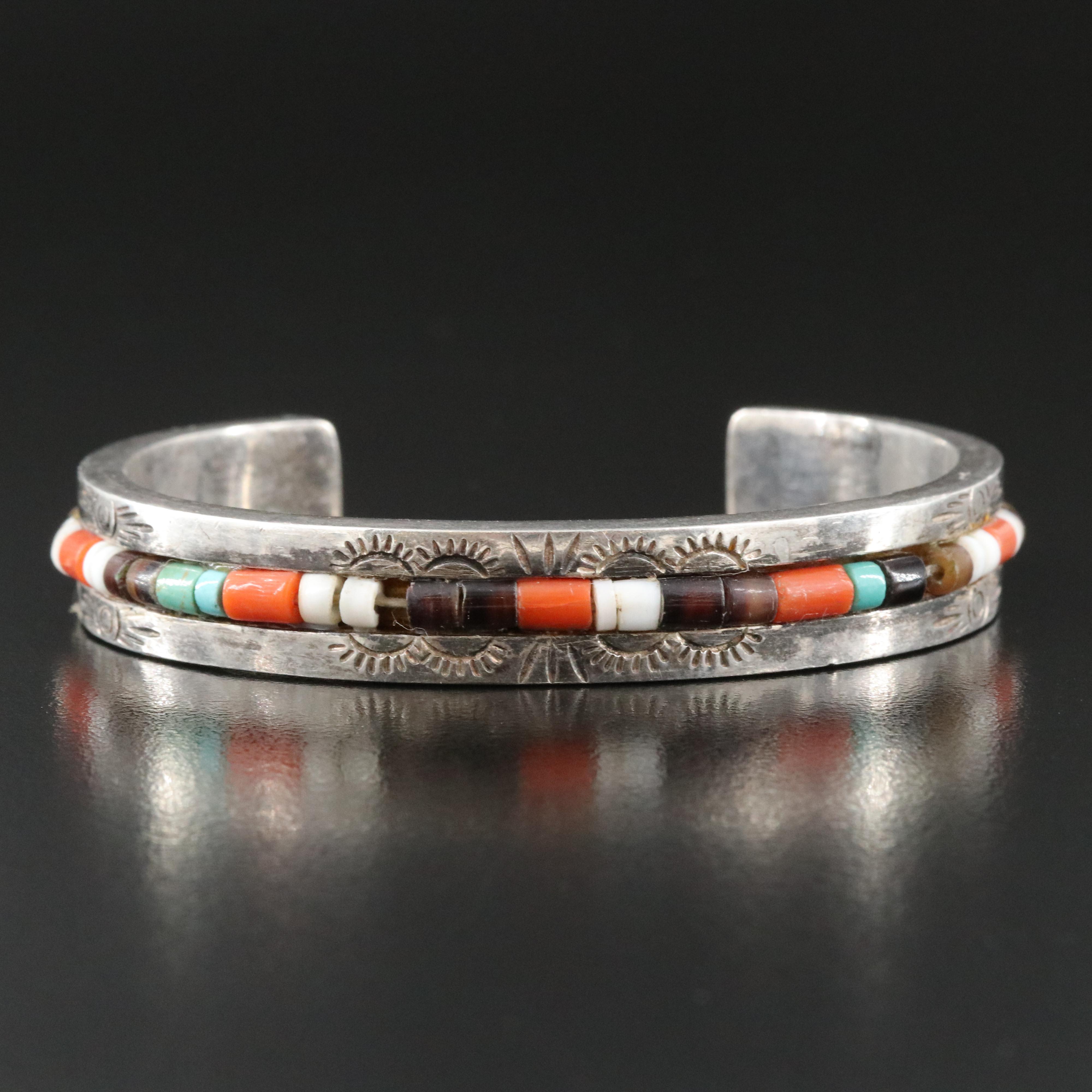 Sterling Coral, Shell, Turquoise Beaded Accents Cuff Bracelet