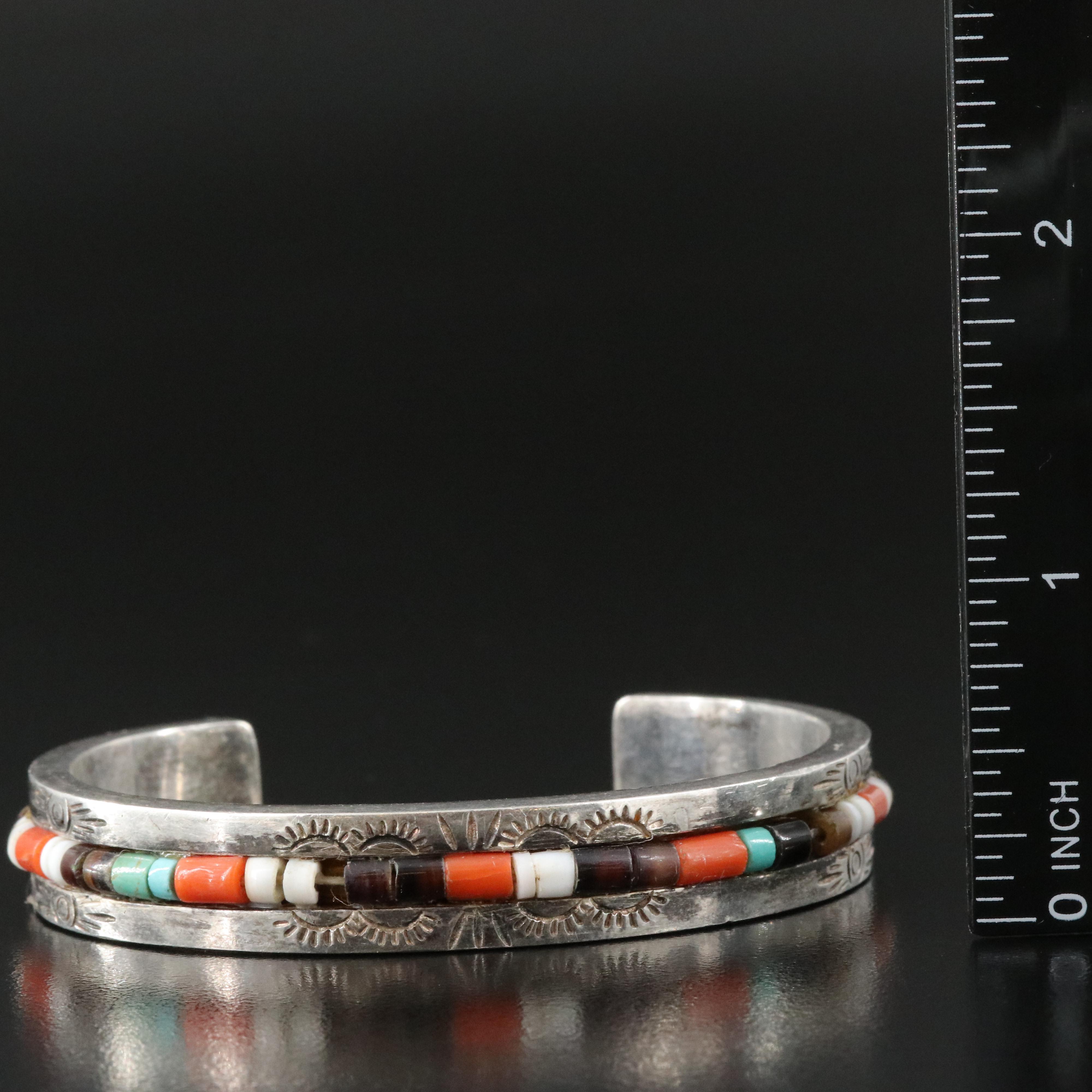 Sterling Coral, Shell, Turquoise Beaded Accents Cuff Bracelet