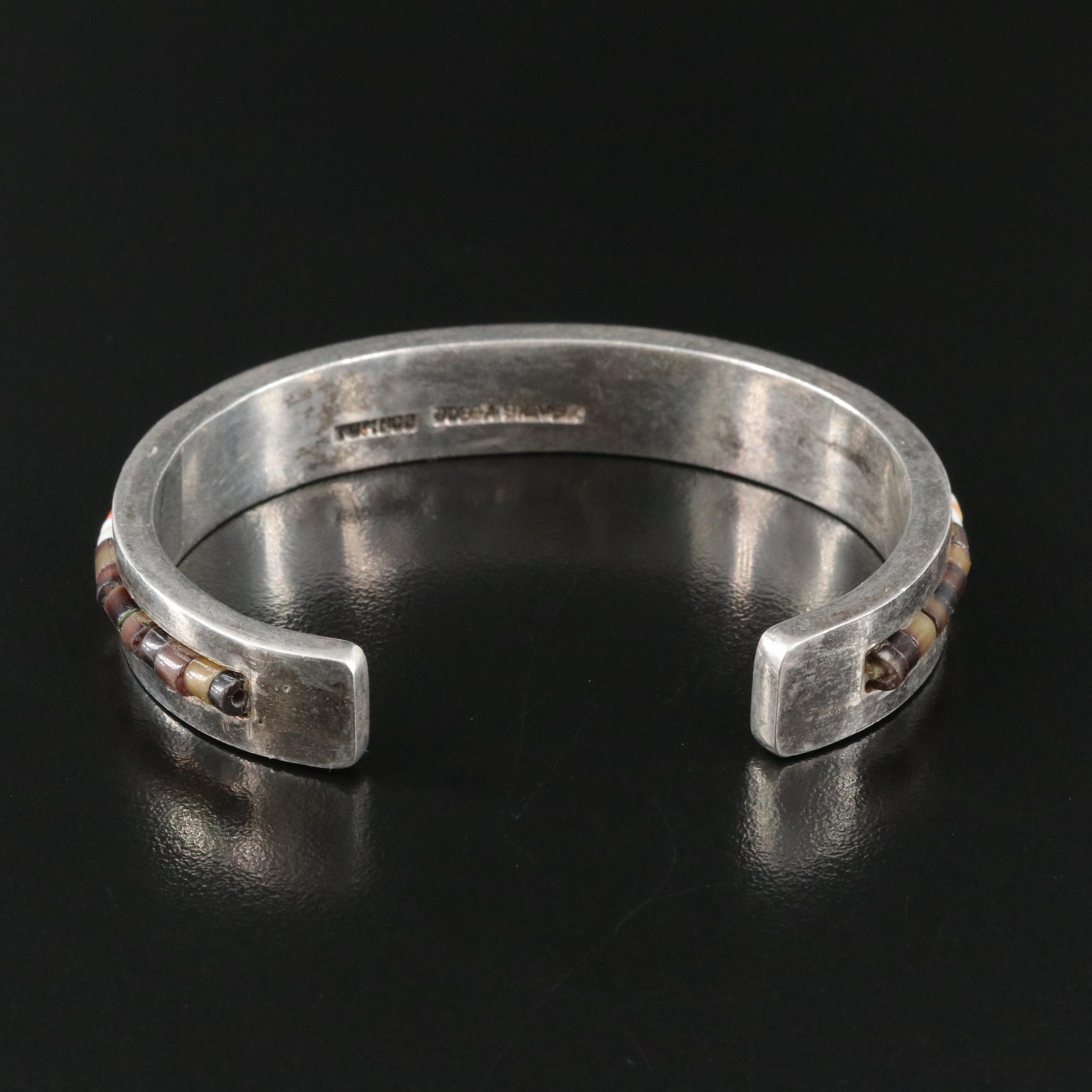 Sterling Coral, Shell, Turquoise Beaded Accents Cuff Bracelet