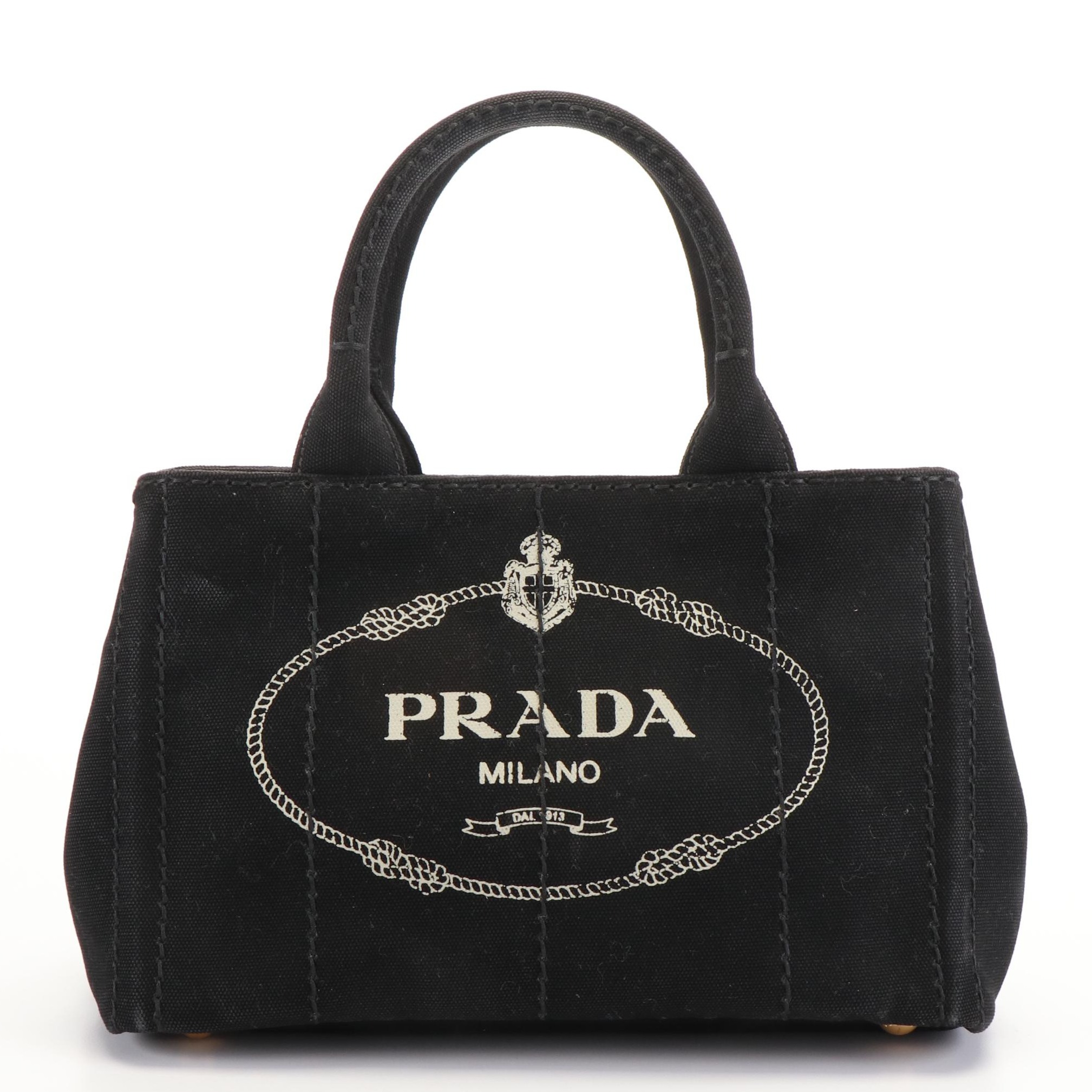 Prada Canapa Logo Black and White Canvas Tote Bag