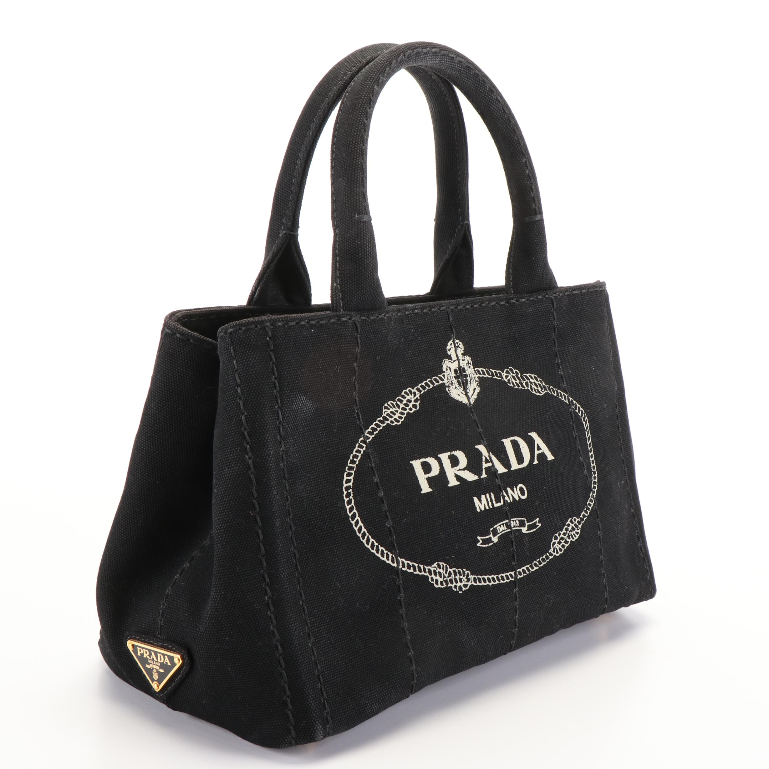 Prada Canapa Logo Black and White Canvas Tote Bag