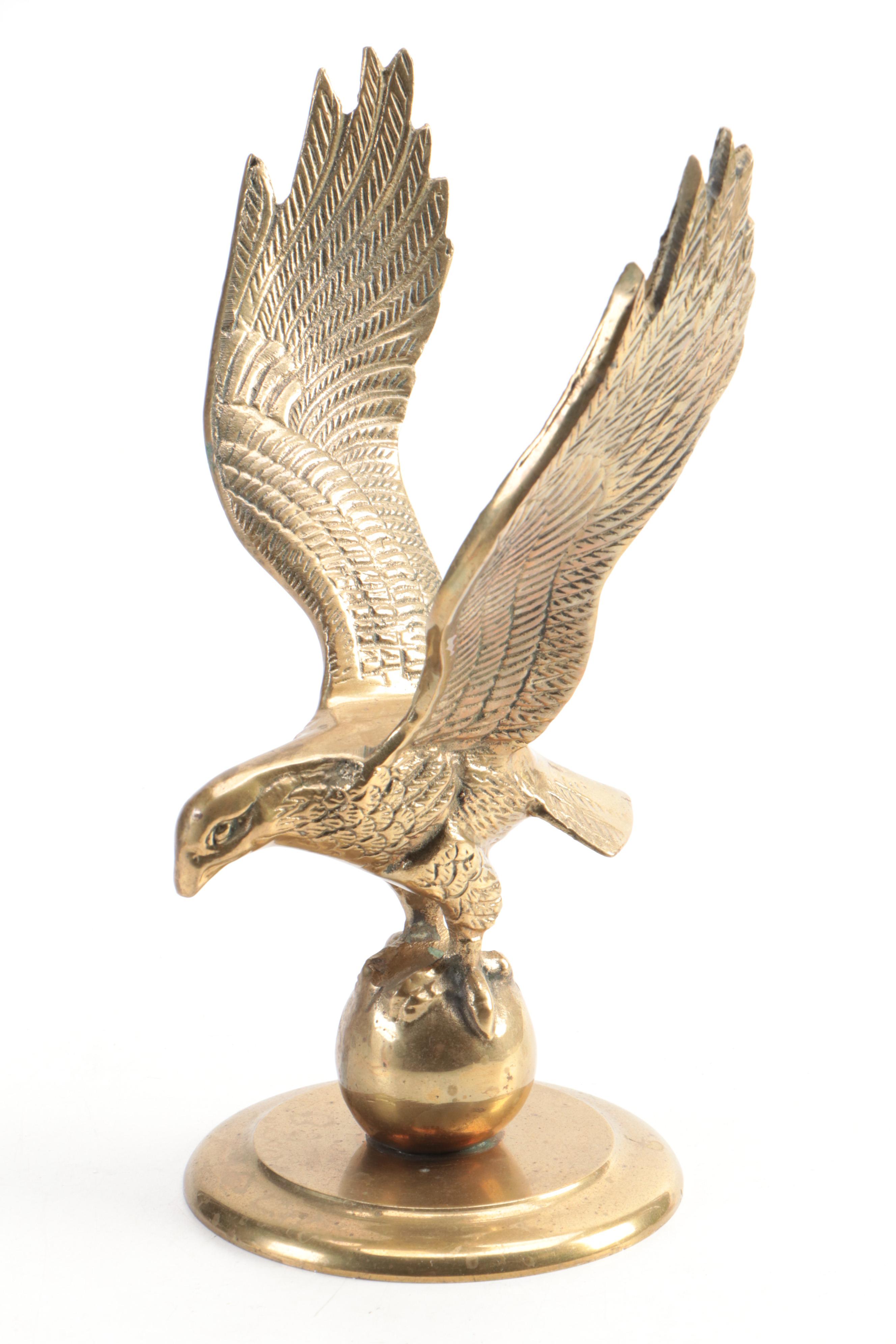 Indian Brass Ewer with Balance Scale and Cast Brass Eagle Paperweight