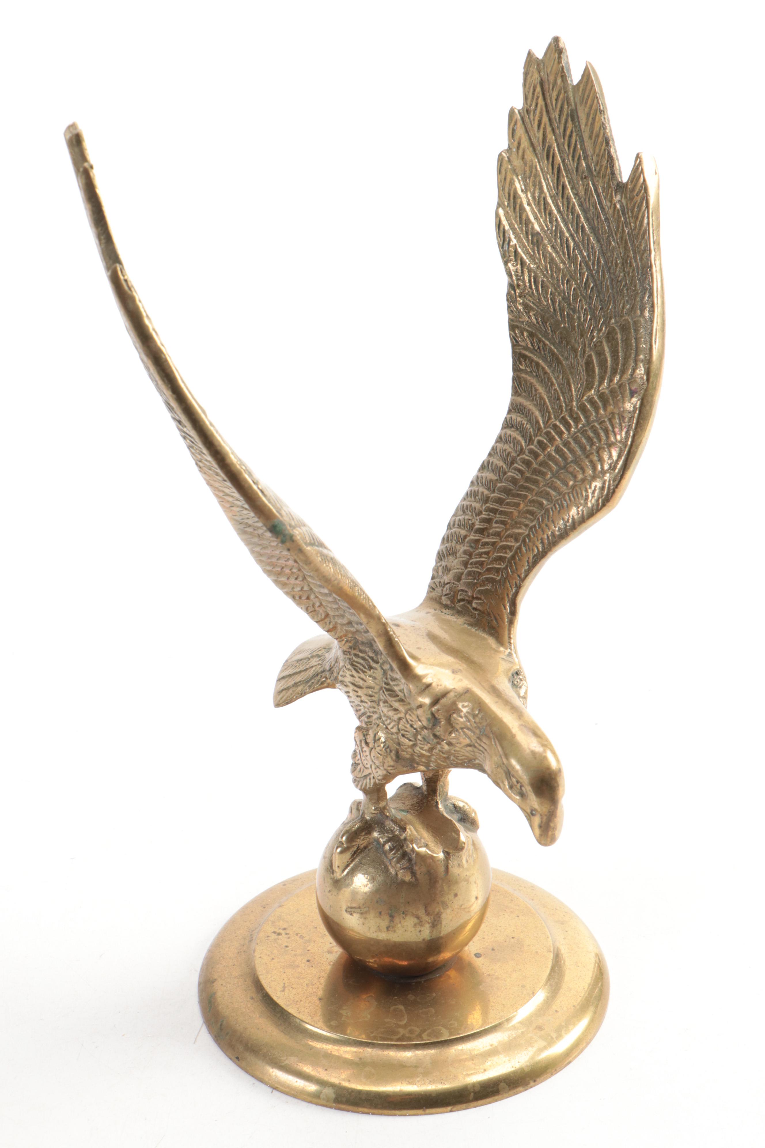Indian Brass Ewer with Balance Scale and Cast Brass Eagle Paperweight