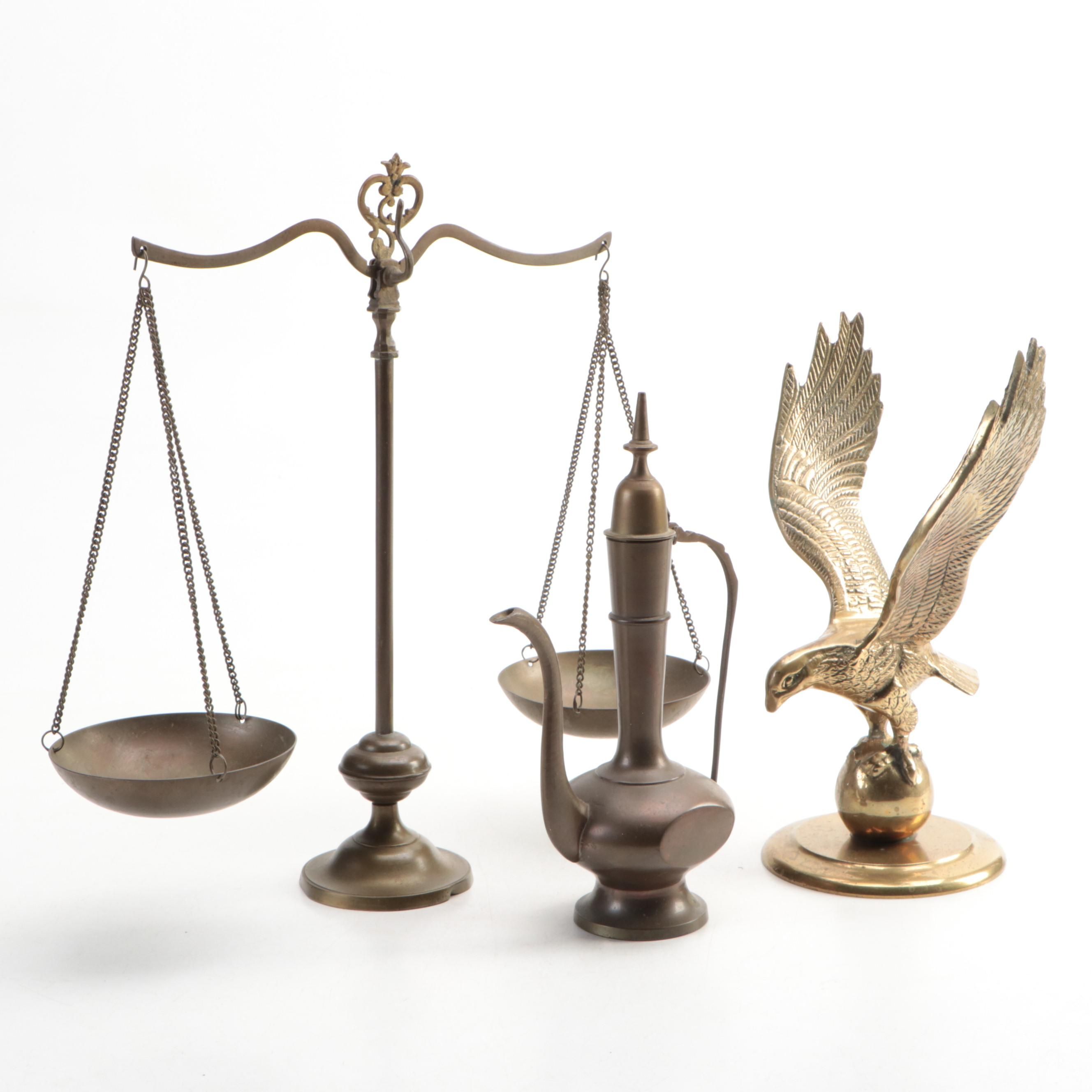 Indian Brass Ewer with Balance Scale and Cast Brass Eagle Paperweight