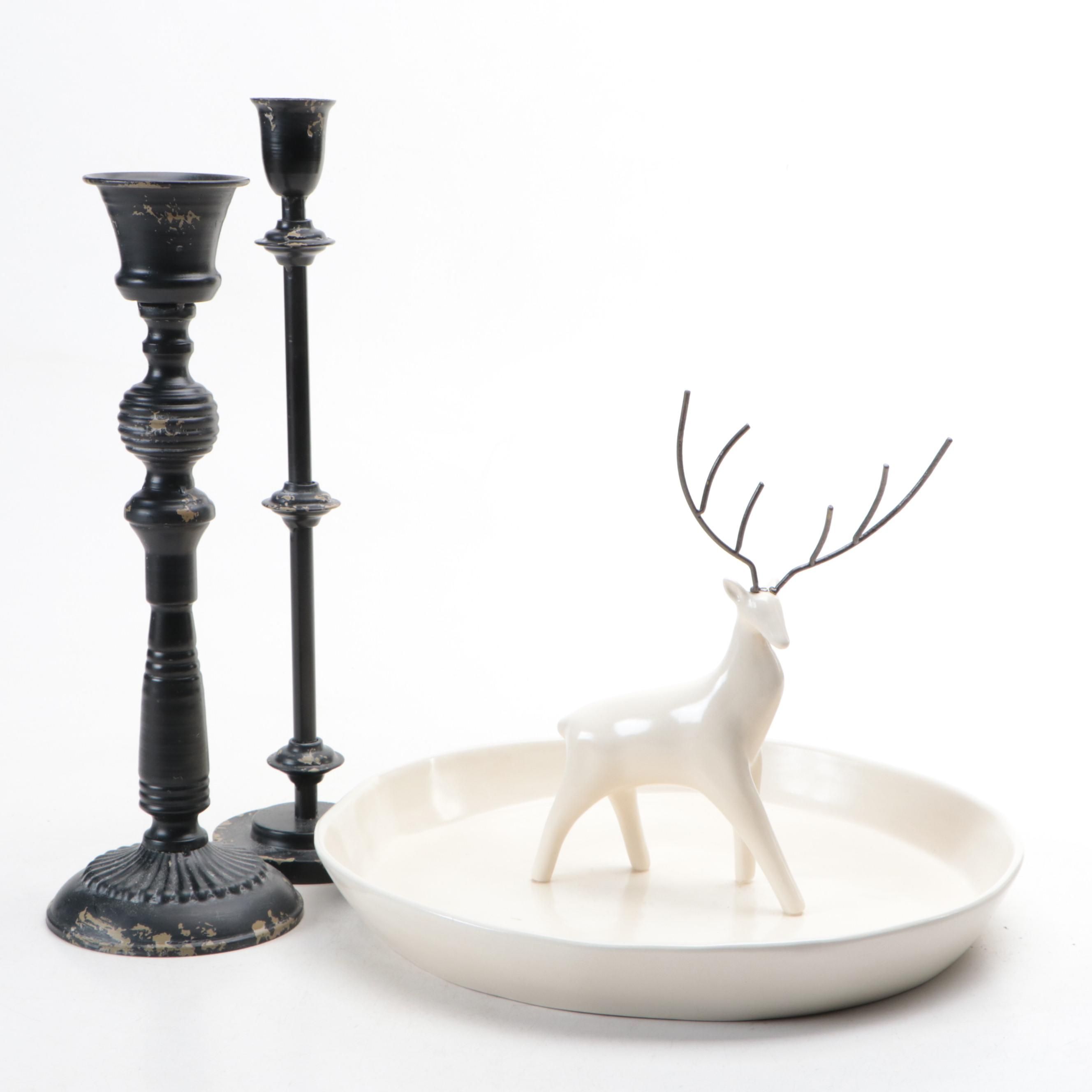 Ceramic Stag Plate with Black Metal Candlesticks