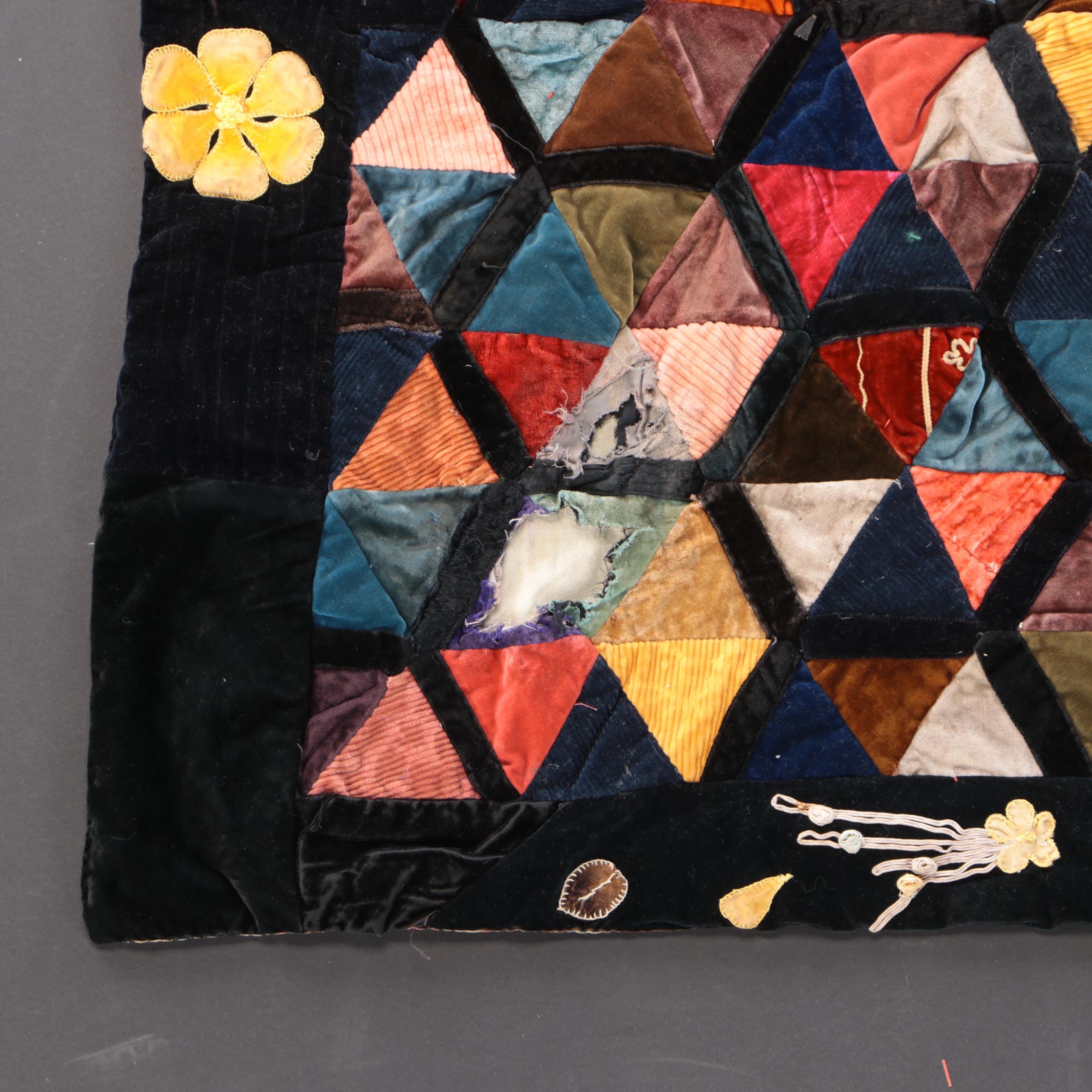 Hand-Pieced and Tied Velvet Triangles and Hand-Embroidered Crazy Quilt
